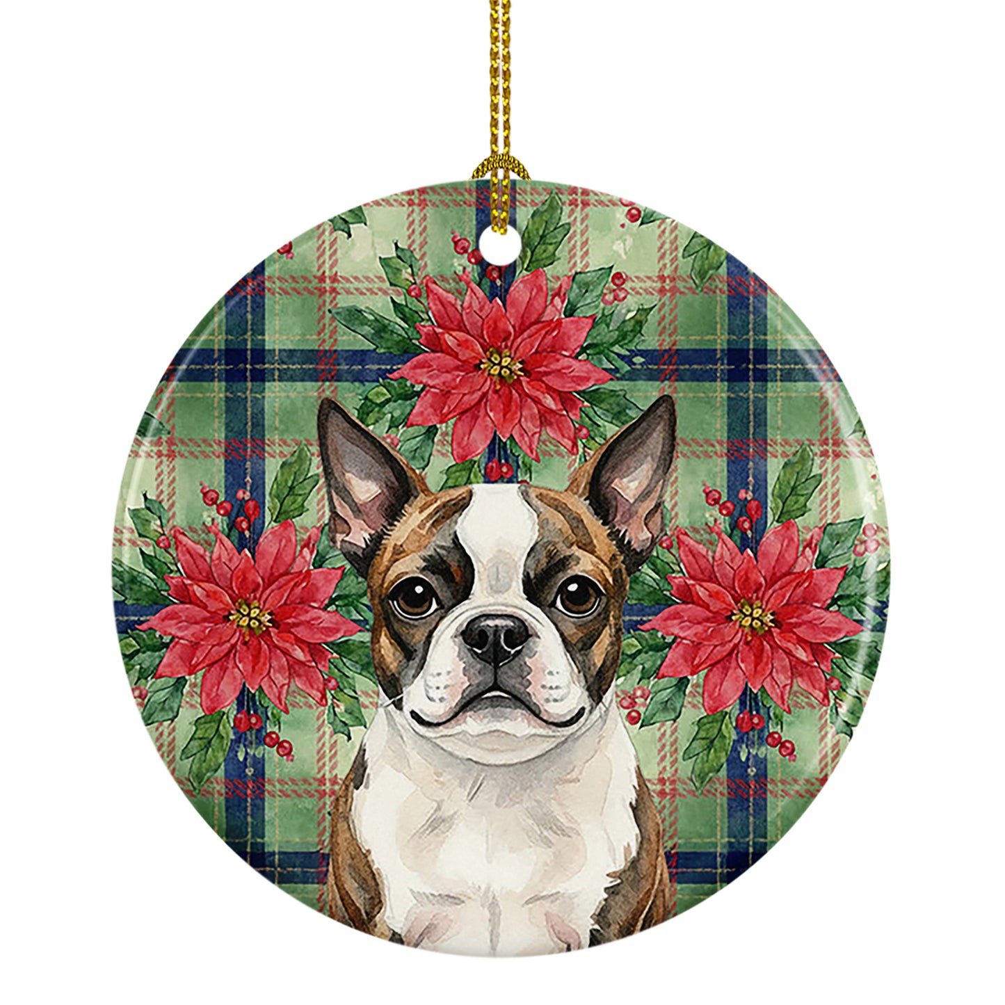 Buy this Brindle Boston Terrier Christmas PoinsettIas Ceramic Ornament