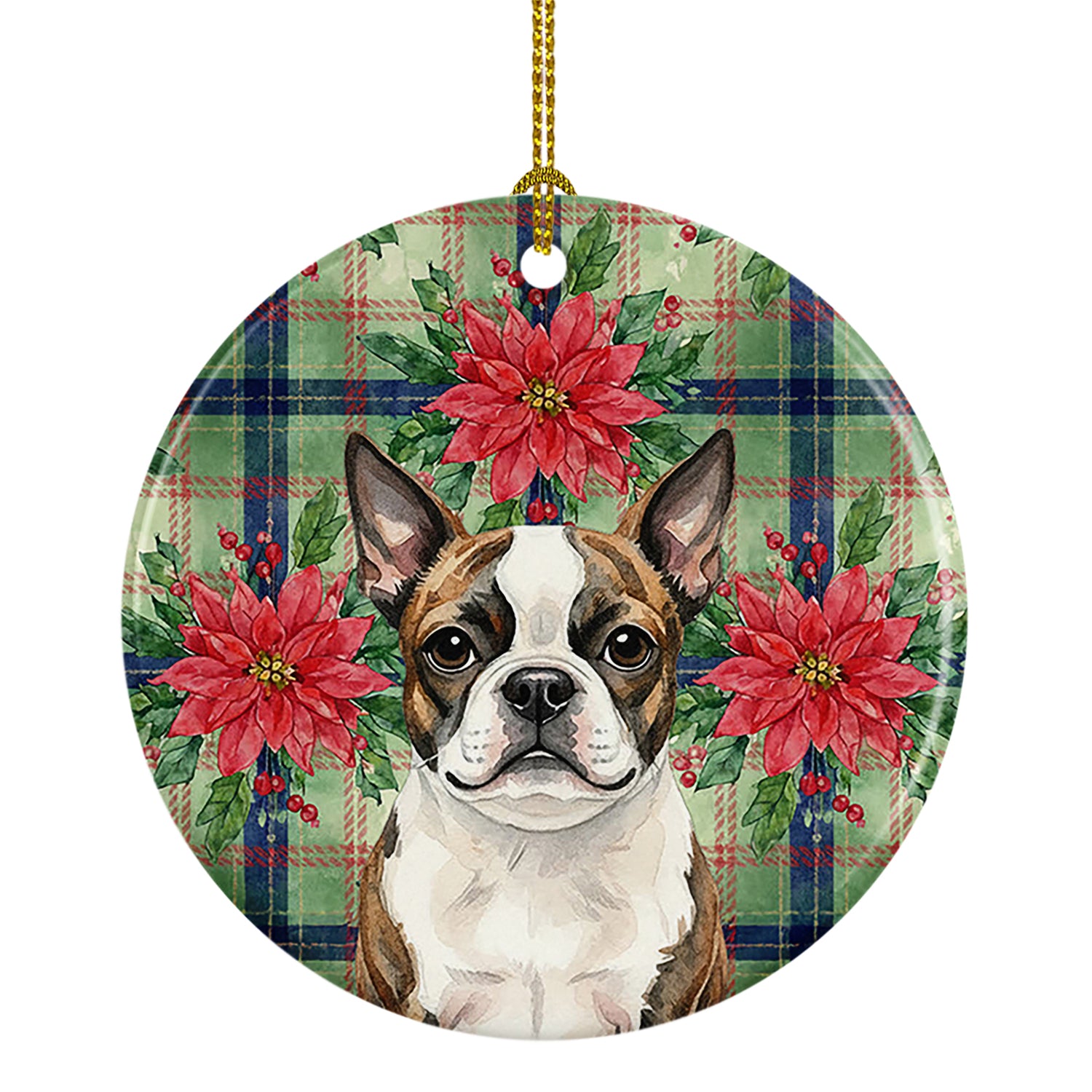 Buy this Brindle Boston Terrier Christmas PoinsettIas Ceramic Ornament