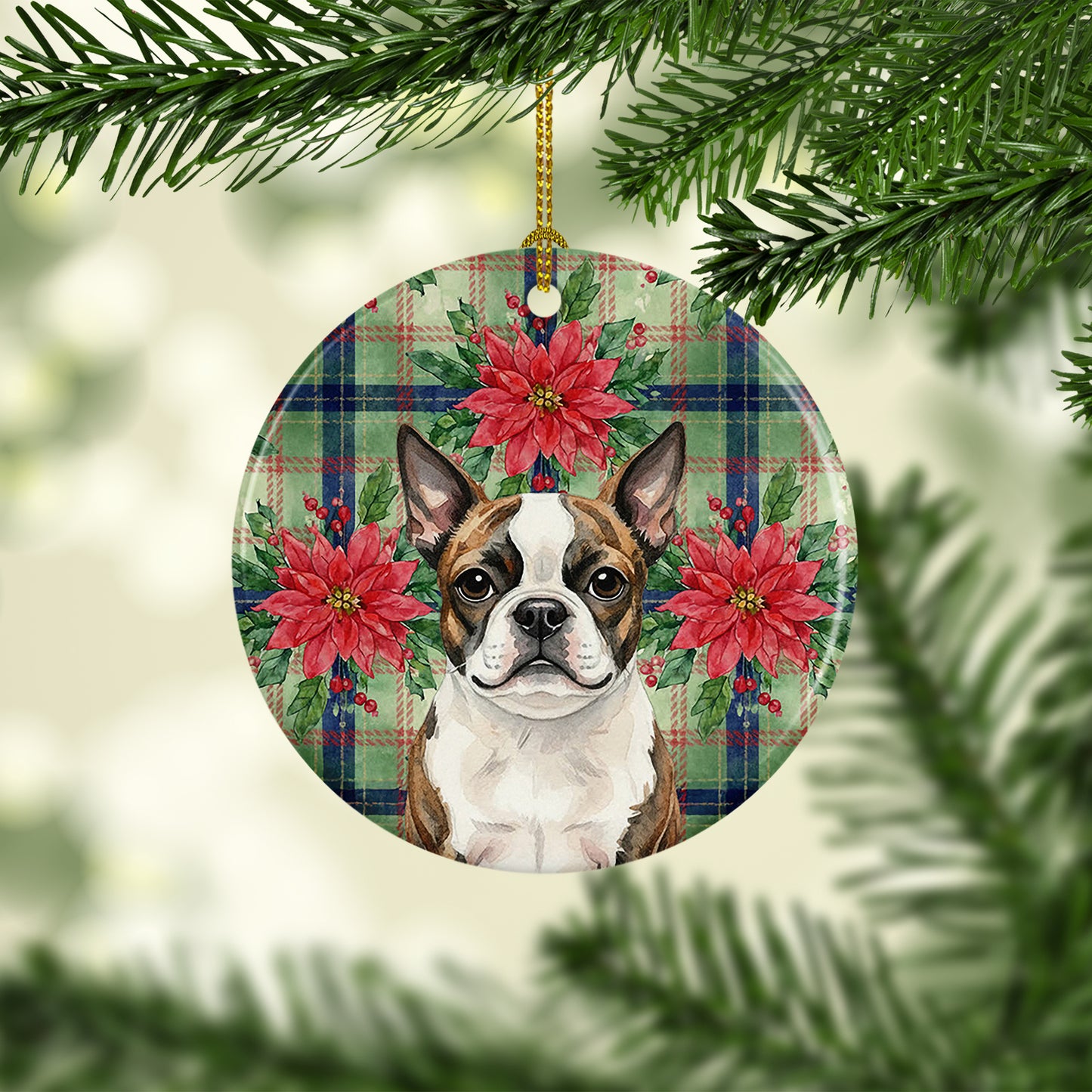 Brindle Boston Terrier Christmas PoinsettIas Ceramic Ornament