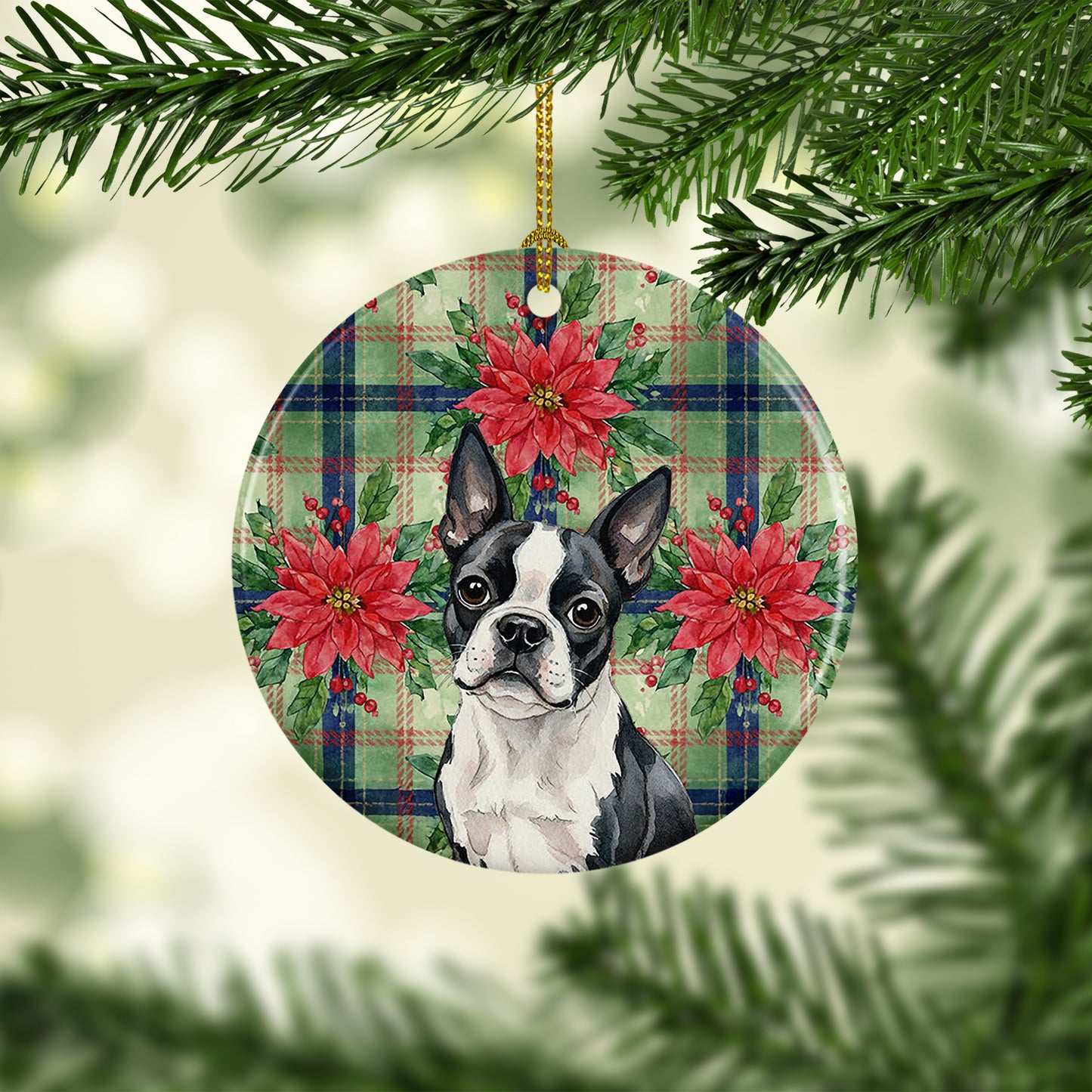 Boston Terrier Christmas PoinsettIas Ceramic Ornament