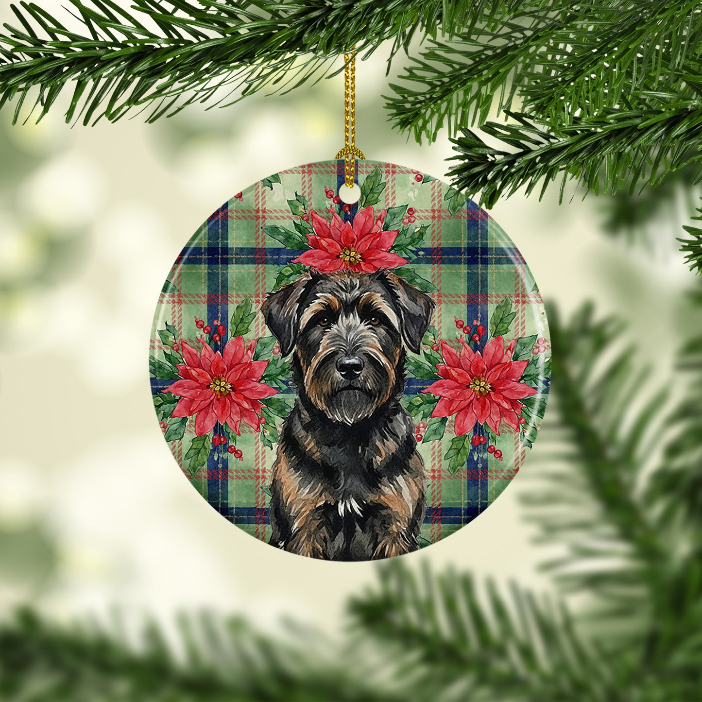 Brindle Bouvier des Flandres Christmas PoinsettIas Ceramic Ornament