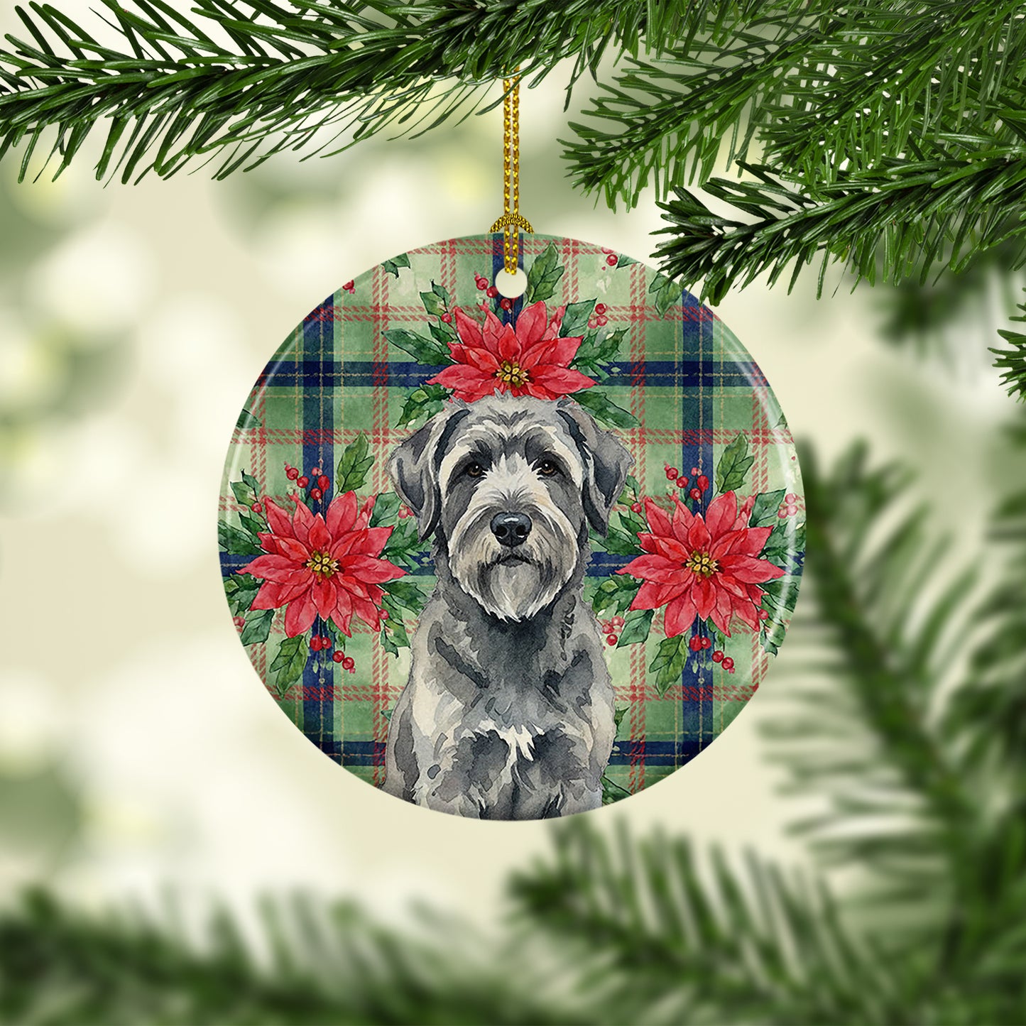 Gray Bouvier des Flandres Christmas PoinsettIas Ceramic Ornament