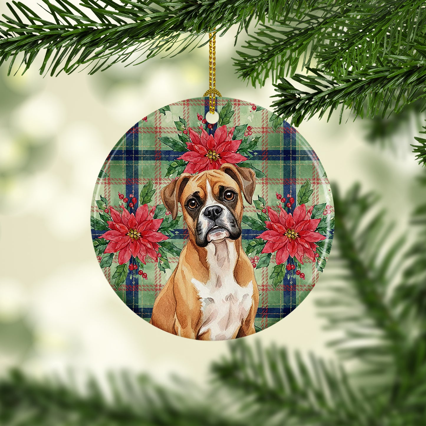 Boxer Christmas PoinsettIas Ceramic Ornament