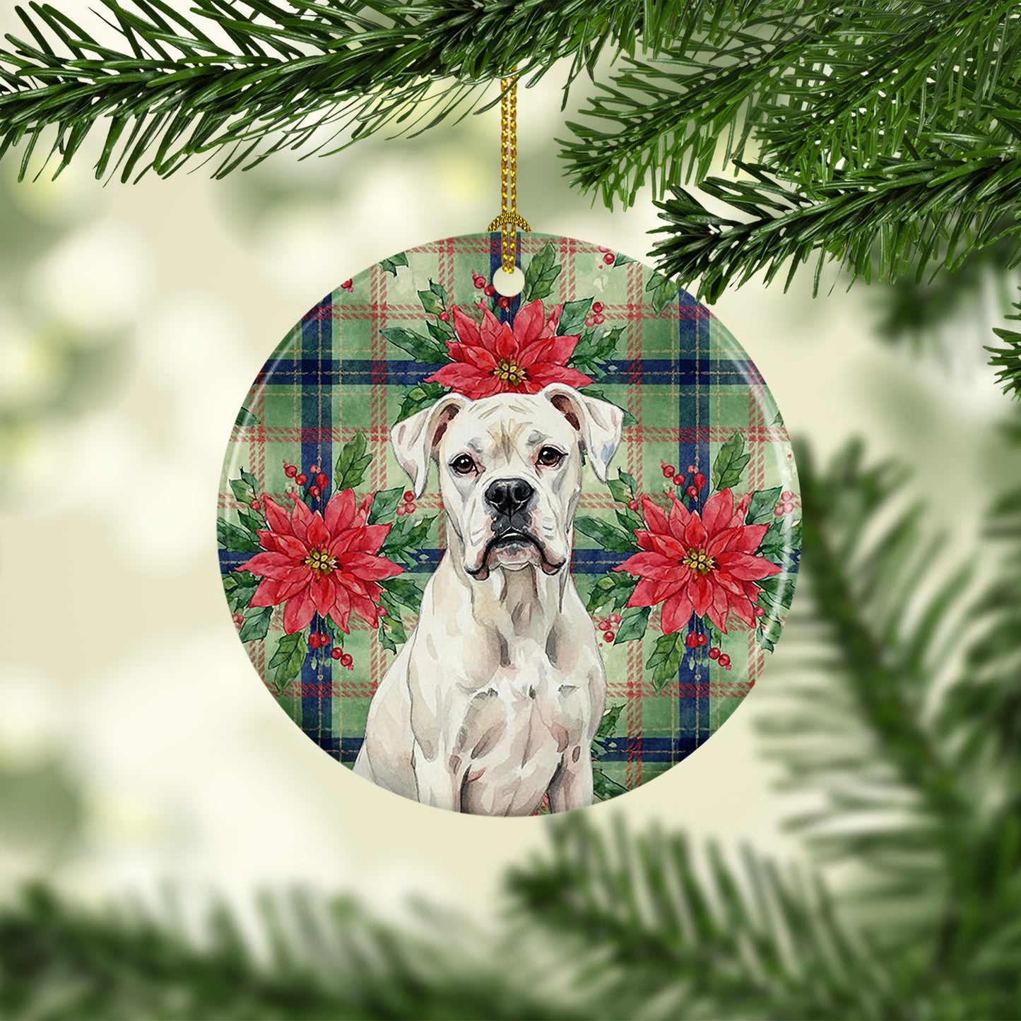 White Boxer Christmas PoinsettIas Ceramic Ornament