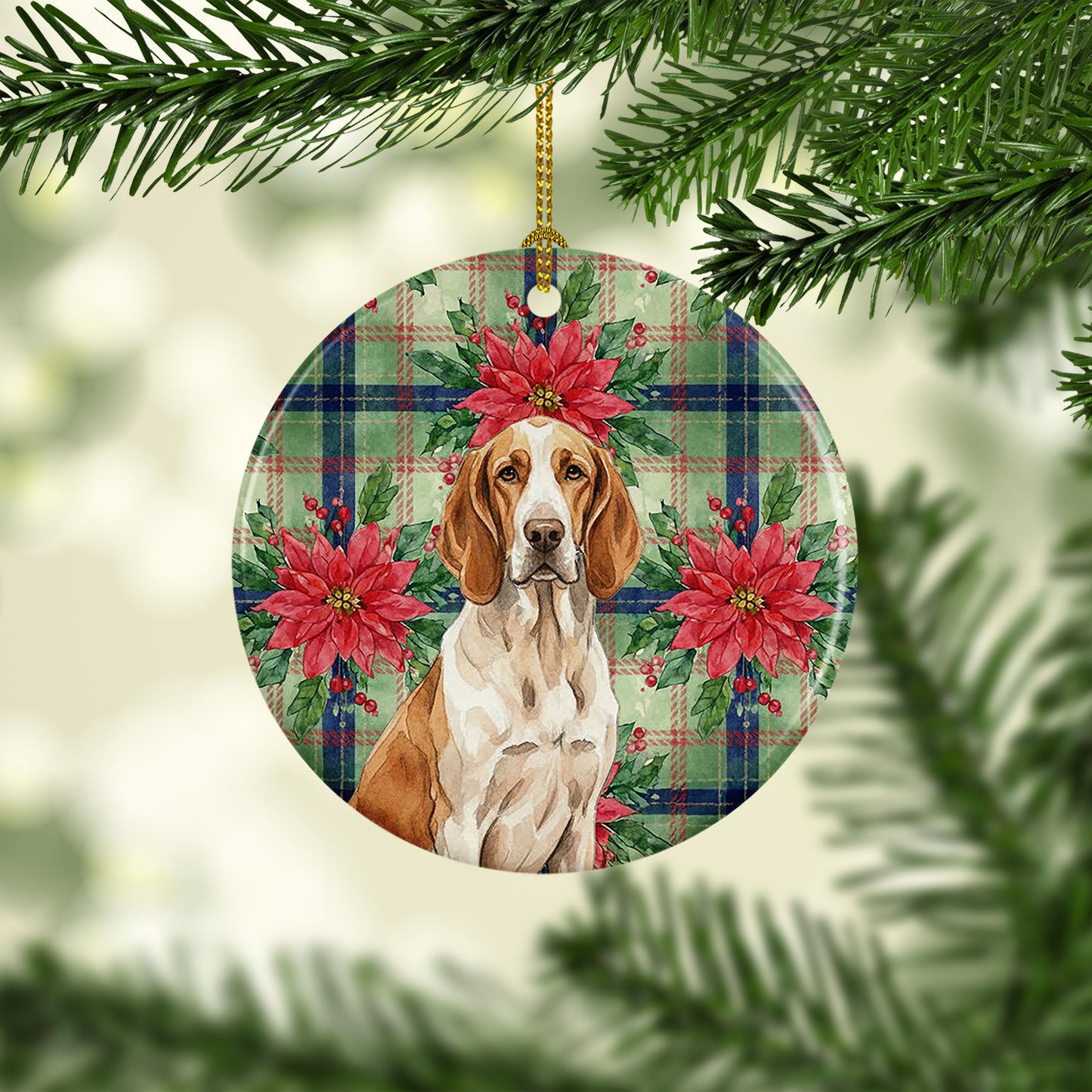 Bracco Italiano Christmas PoinsettIas Ceramic Ornament