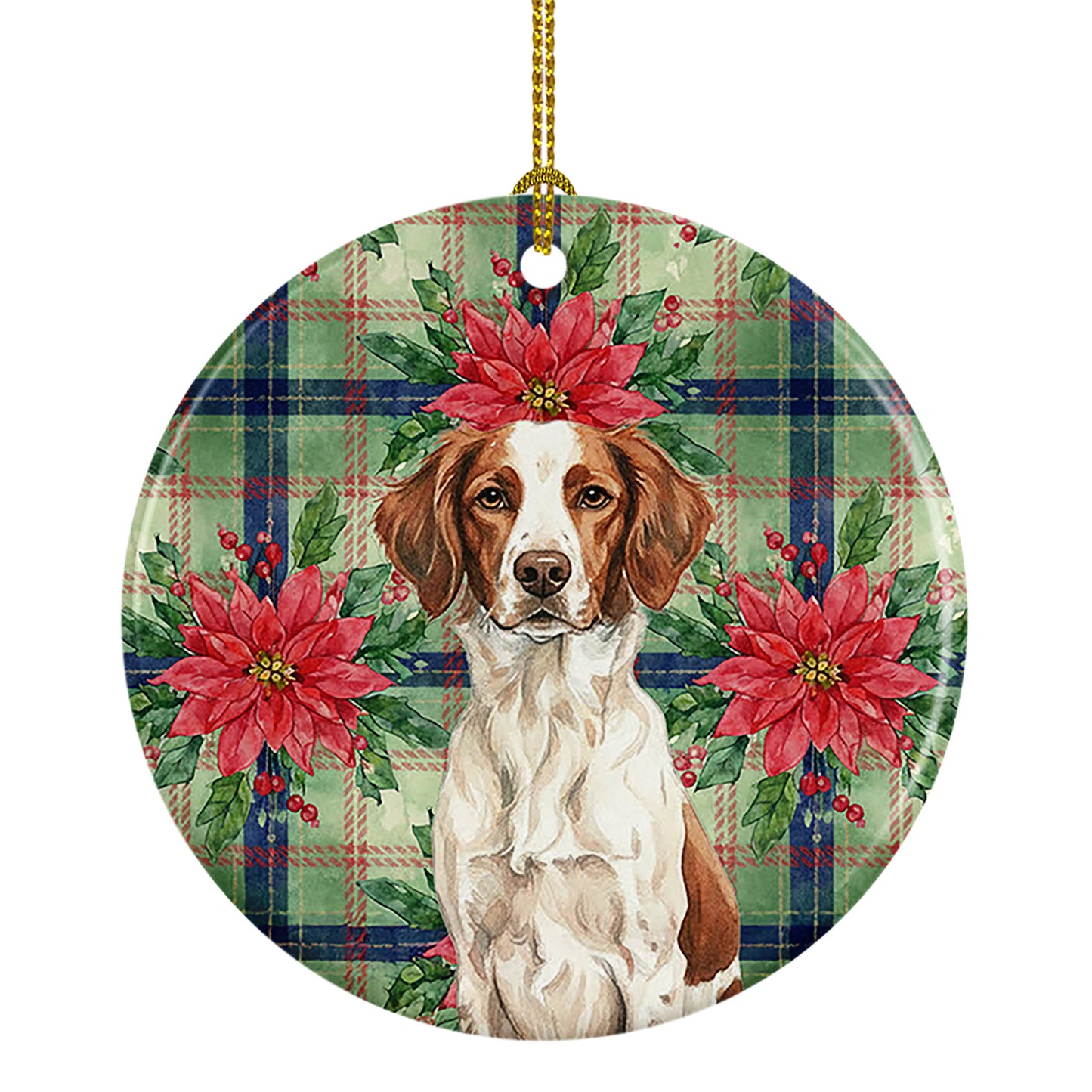 Buy this Liver and White Brittany Christmas PoinsettIas Ceramic Ornament