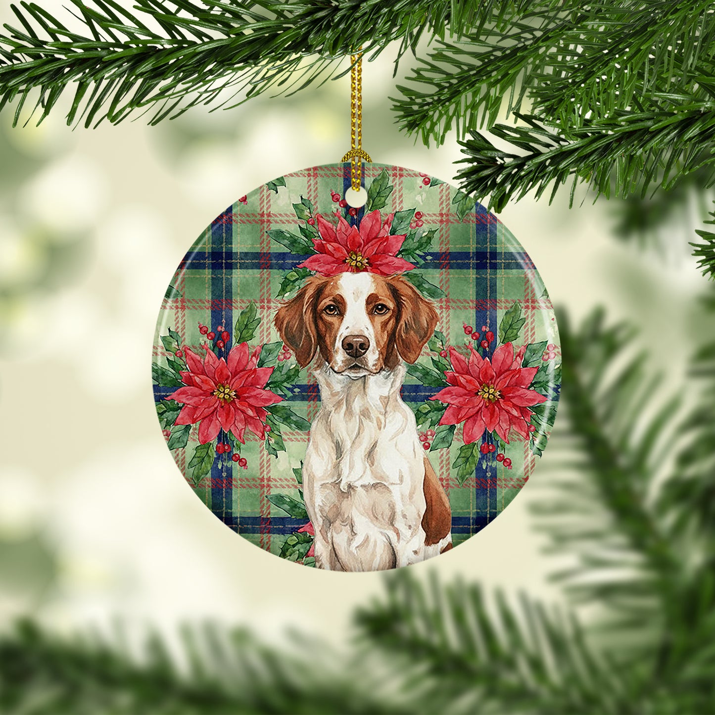 Liver and White Brittany Christmas PoinsettIas Ceramic Ornament