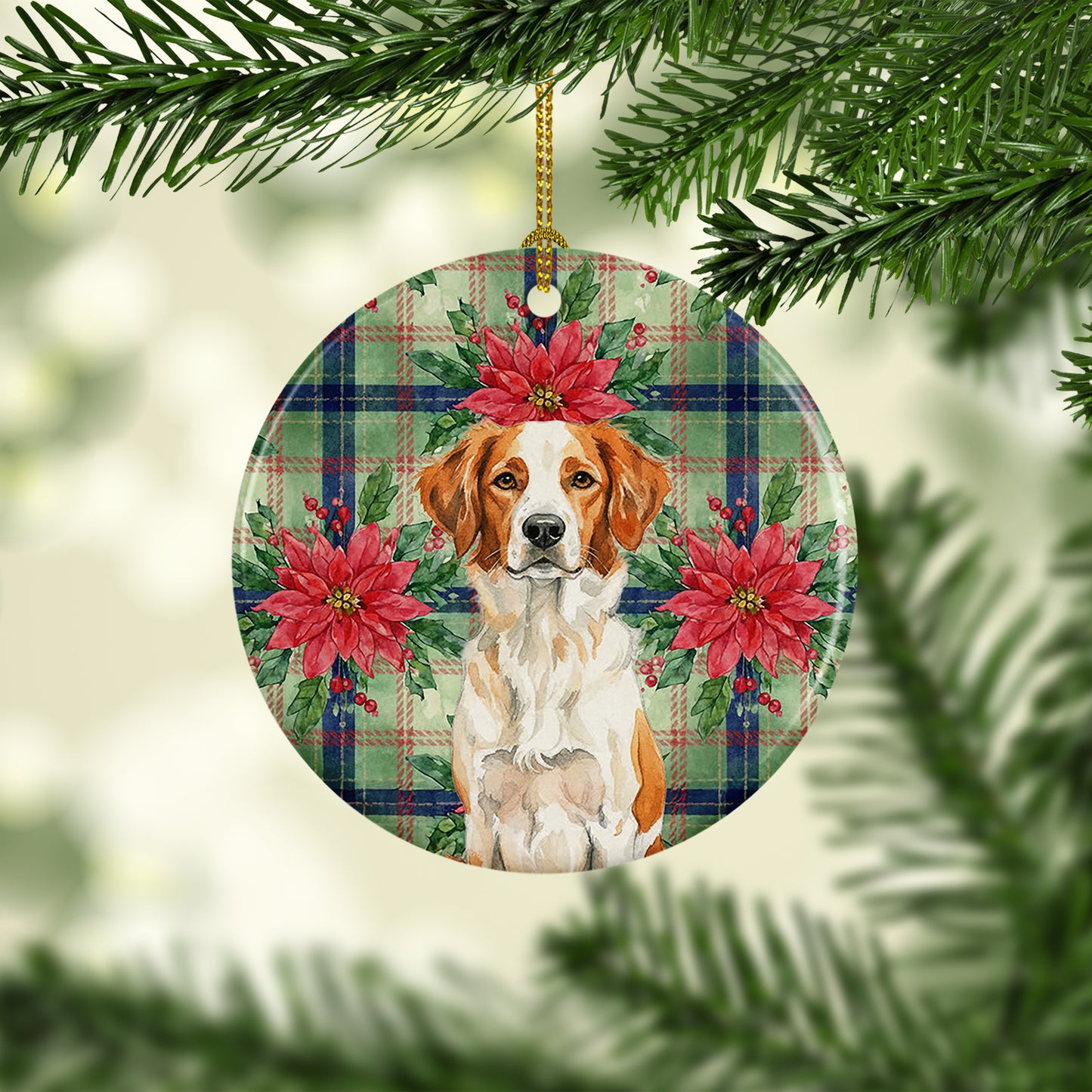 Orange and White Brittany Christmas PoinsettIas Ceramic Ornament