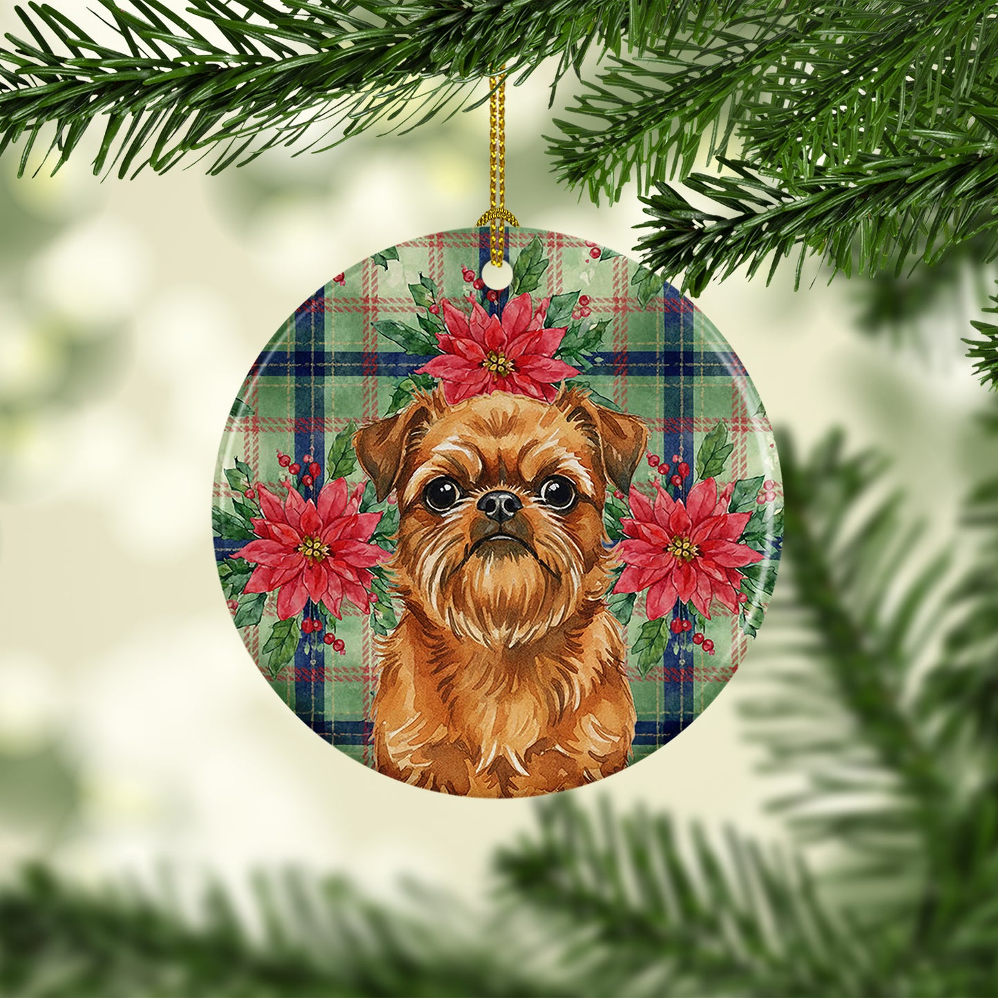 Belge Brussels Griffon Christmas PoinsettIas Ceramic Ornament