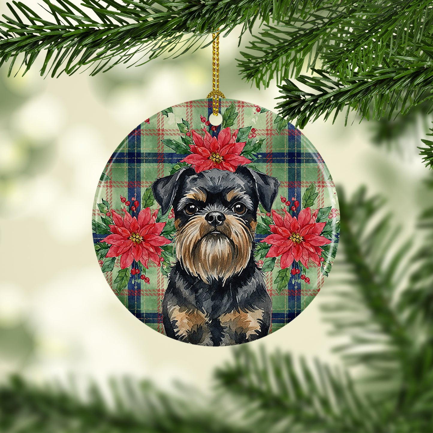Black and Tan Brussels Griffon Christmas PoinsettIas Ceramic Ornament