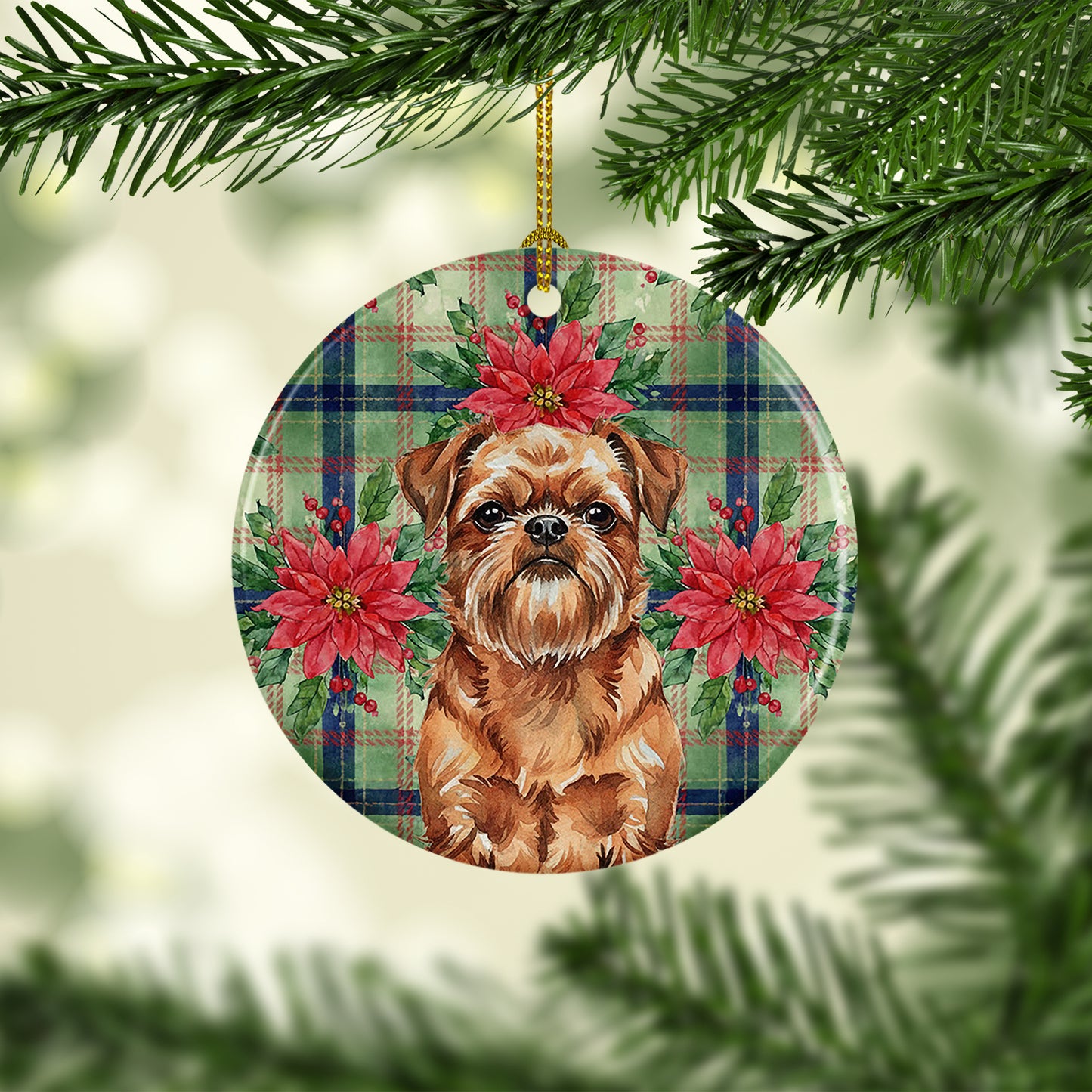 Red Brussels Griffon Christmas PoinsettIas Ceramic Ornament