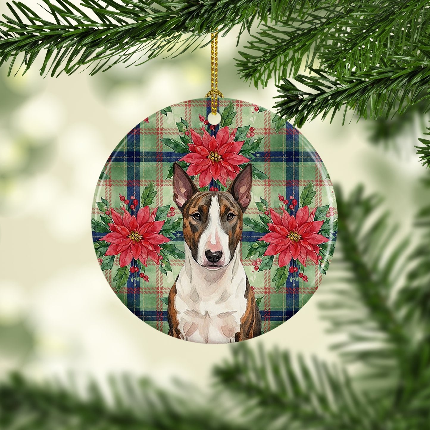 Brindle and White Bull Terrier Christmas PoinsettIas Ceramic Ornament