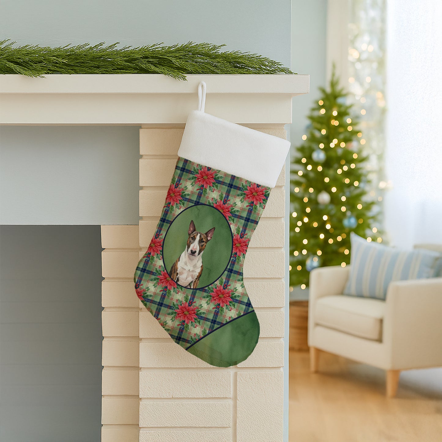 Brindle and White Bull Terrier Christmas PoinsettIas Holiday Stocking