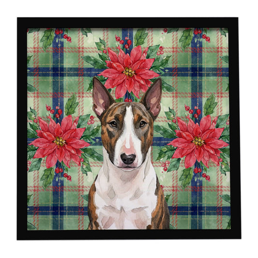Buy this Brindle and White Bull Terrier Christmas PoinsettIas Framed Metal Print