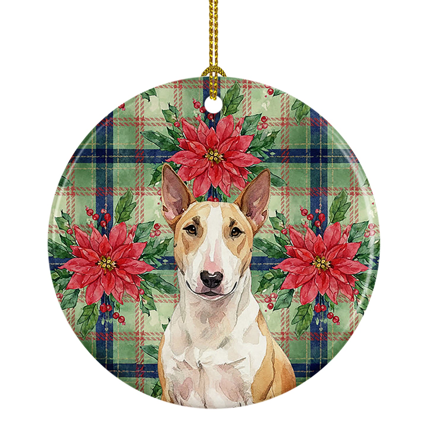 Buy this Fawn and White Bull Terrier Christmas PoinsettIas Ceramic Ornament