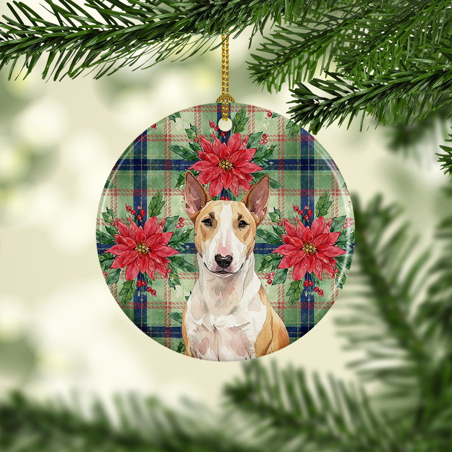Fawn and White Bull Terrier Christmas PoinsettIas Ceramic Ornament