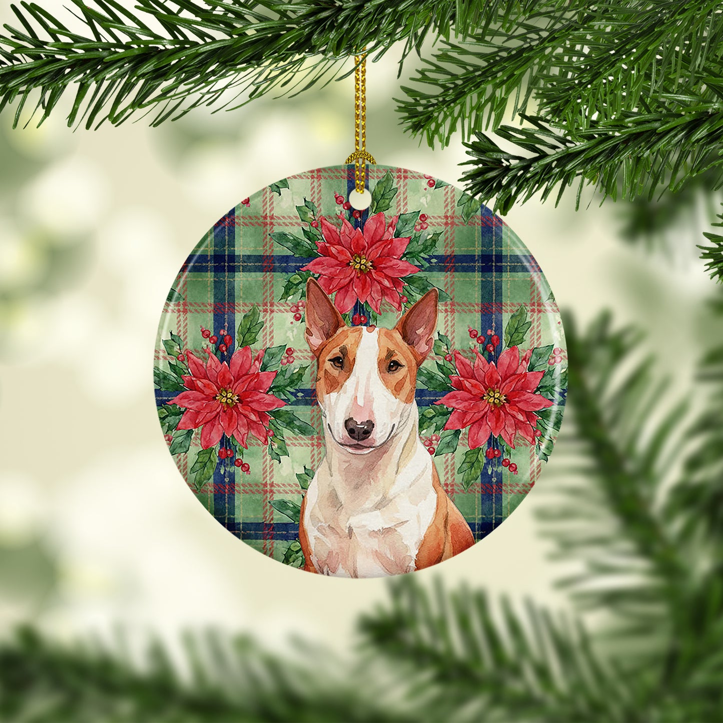 Red and White Bull Terrier Christmas PoinsettIas Ceramic Ornament