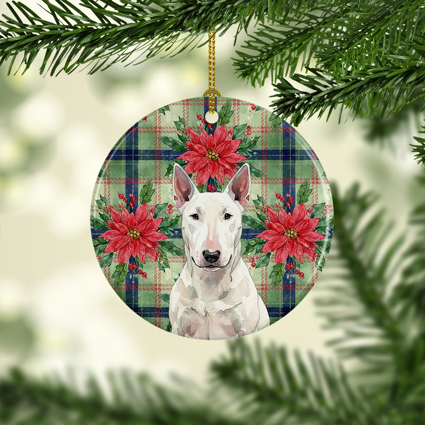 White Bull Terrier Christmas PoinsettIas Ceramic Ornament