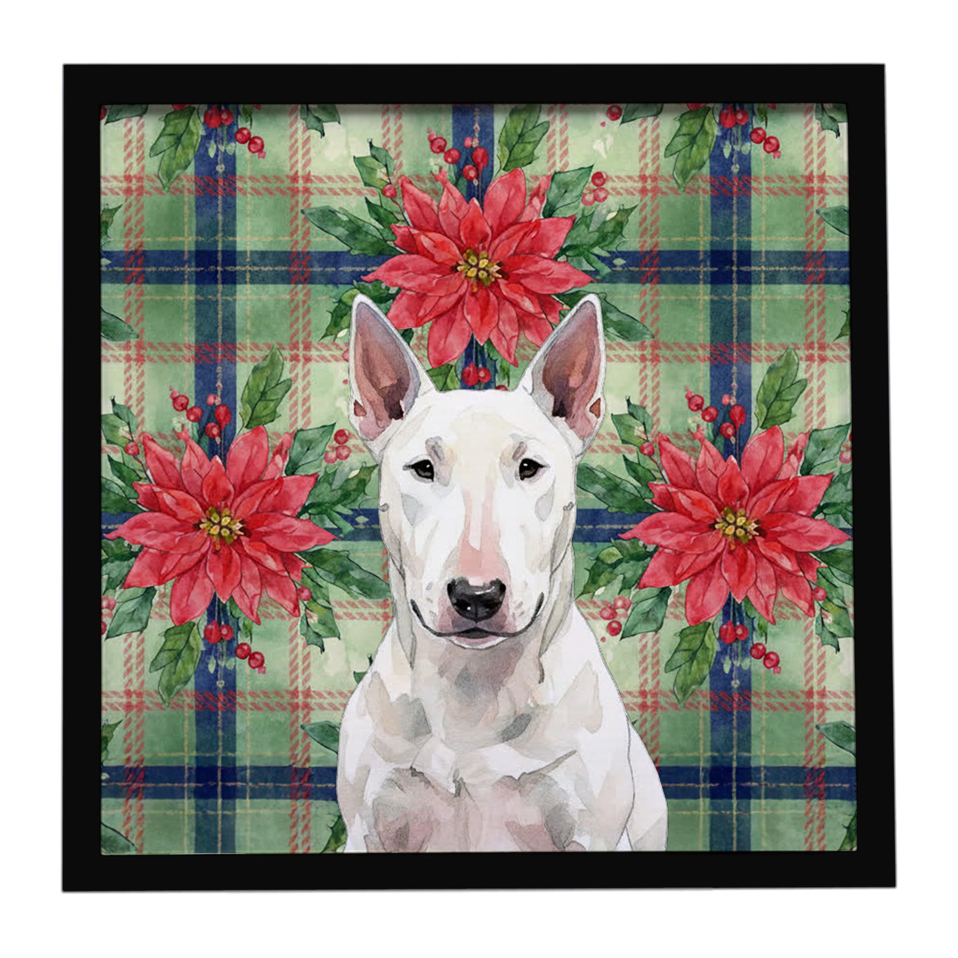 Buy this White Bull Terrier Christmas PoinsettIas Framed Metal Print