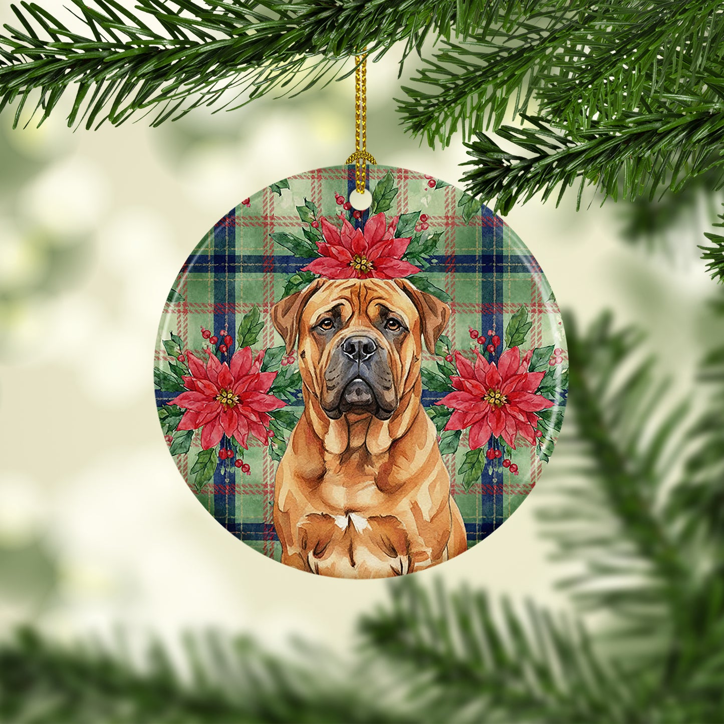 Red Bullmastiff Christmas PoinsettIas Ceramic Ornament