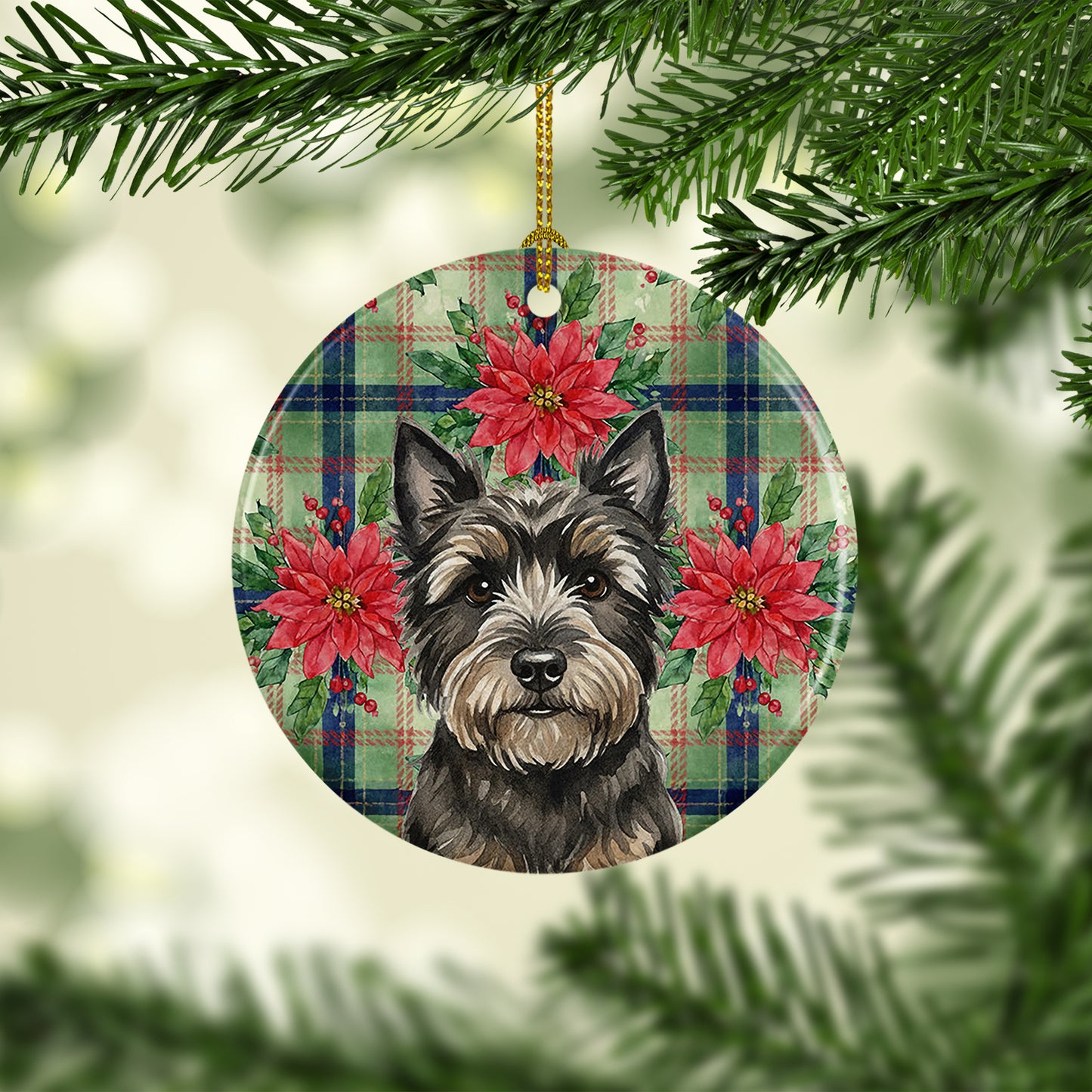Black Cairn Terrier Christmas PoinsettIas Ceramic Ornament