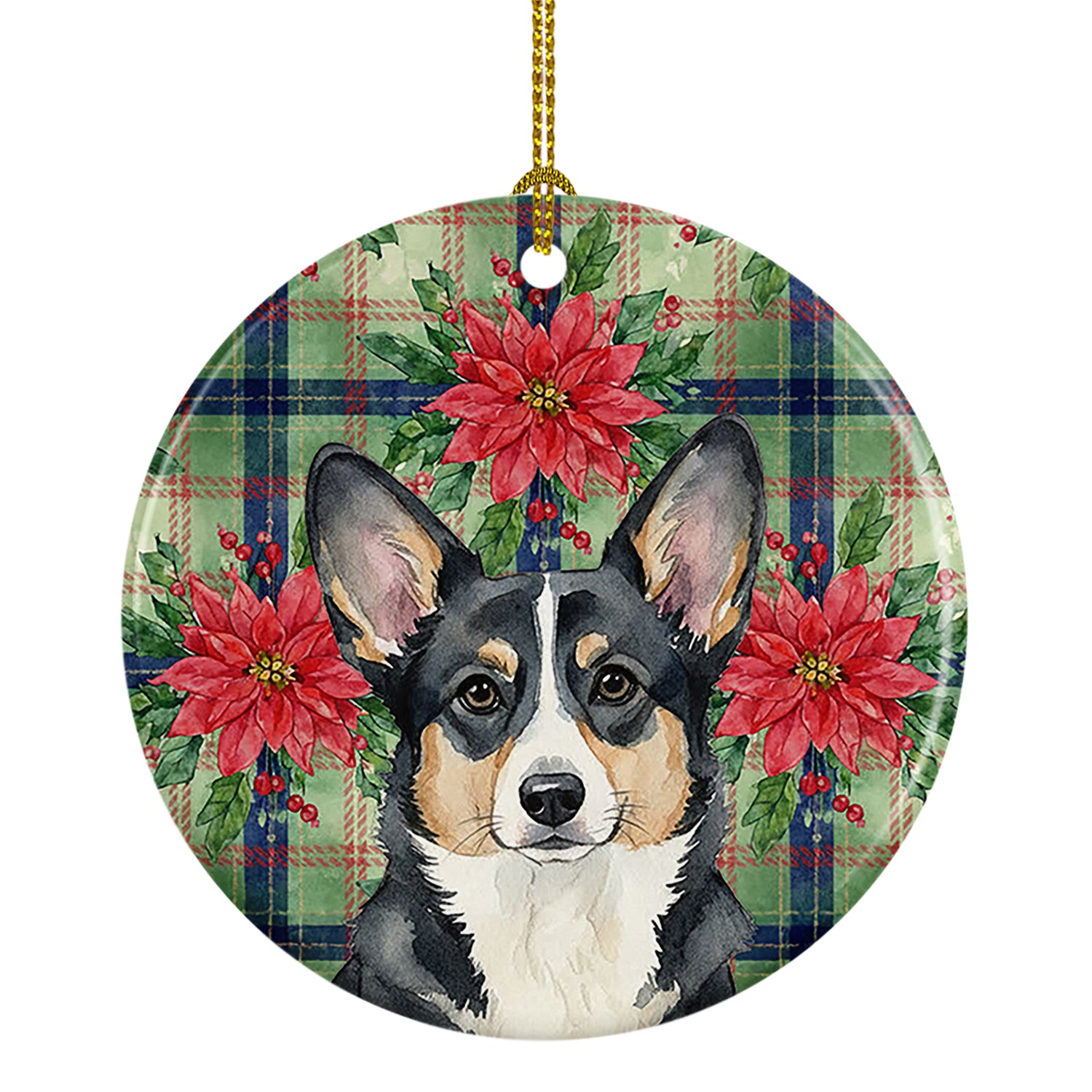 Buy this Black and White Cardigan Welsh Corgi Christmas PoinsettIas Ceramic Ornament