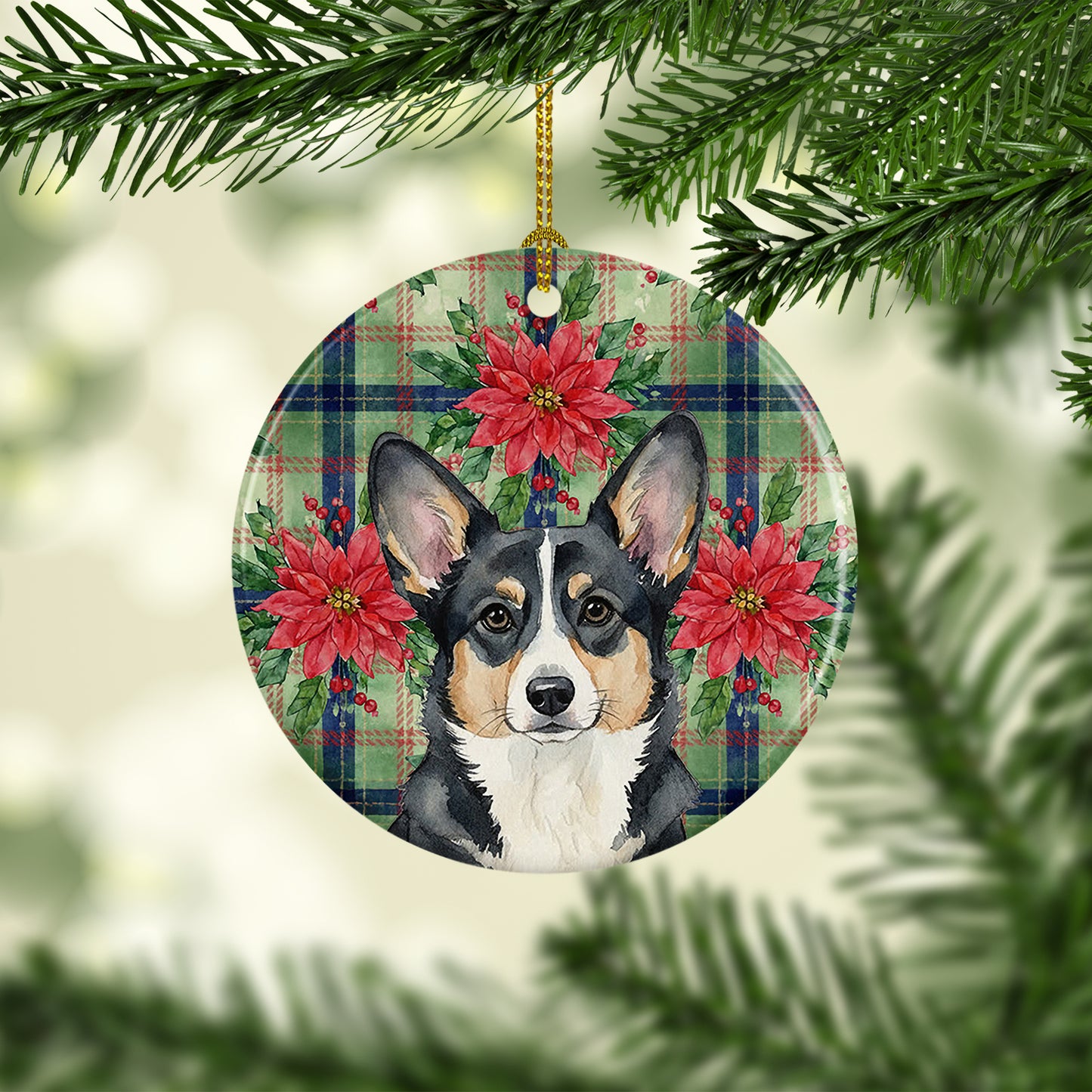 Black and White Cardigan Welsh Corgi Christmas PoinsettIas Ceramic Ornament