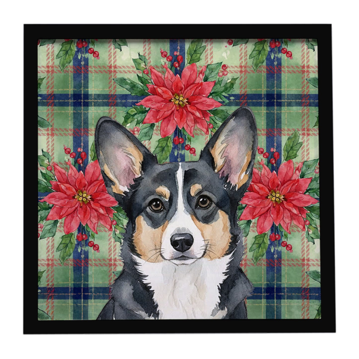 Buy this Black and White Cardigan Welsh Corgi Christmas PoinsettIas Framed Metal Print