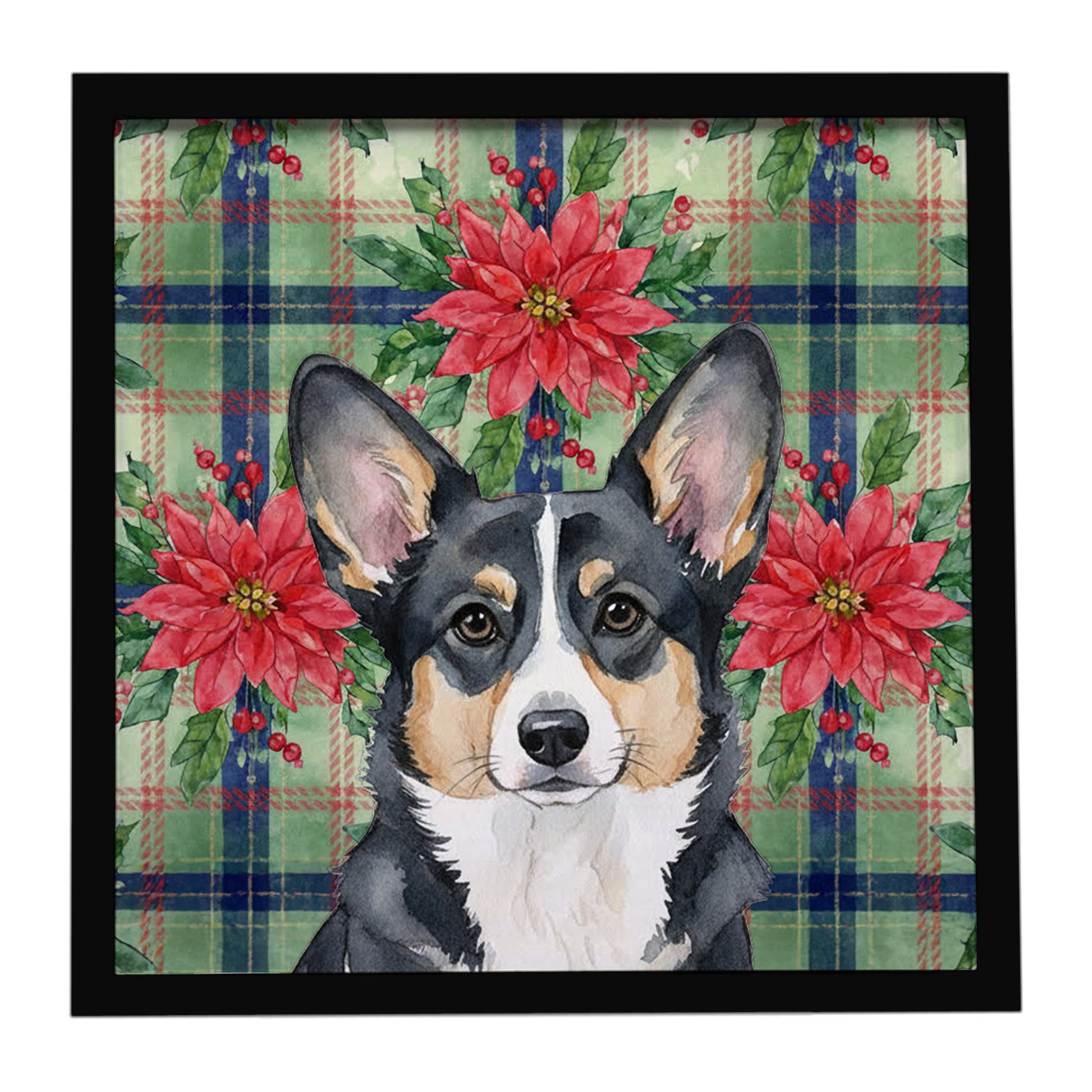 Buy this Black and White Cardigan Welsh Corgi Christmas PoinsettIas Framed Metal Print