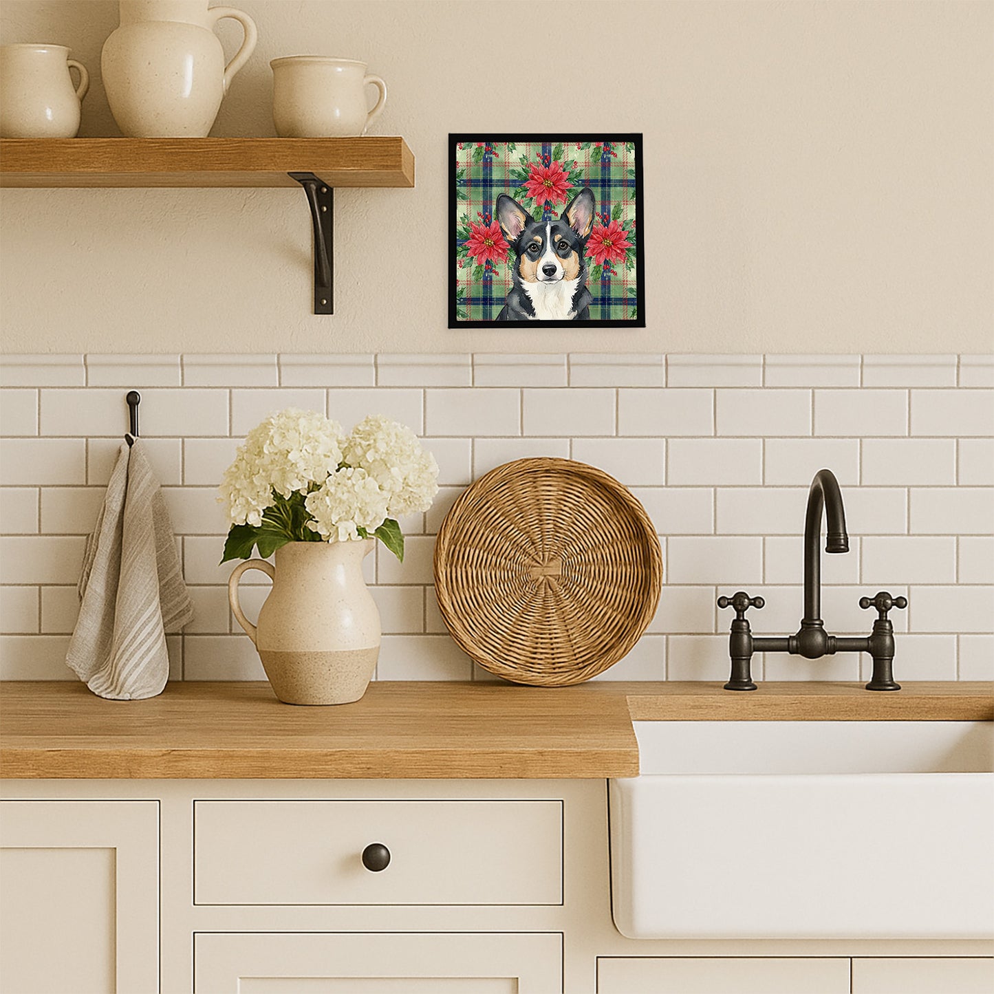 Black and White Cardigan Welsh Corgi Christmas PoinsettIas Framed Metal Print