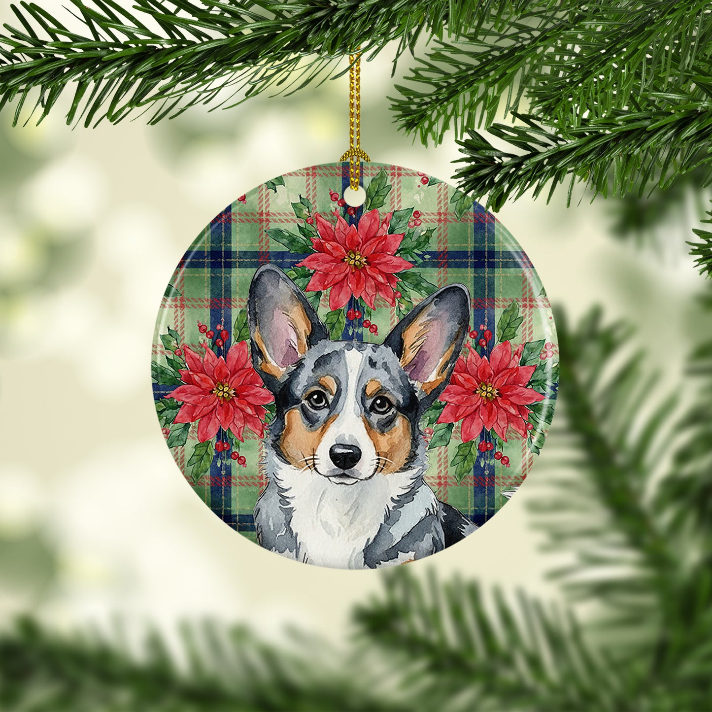Blue Merle Cardigan Welsh Corgi Christmas PoinsettIas Ceramic Ornament