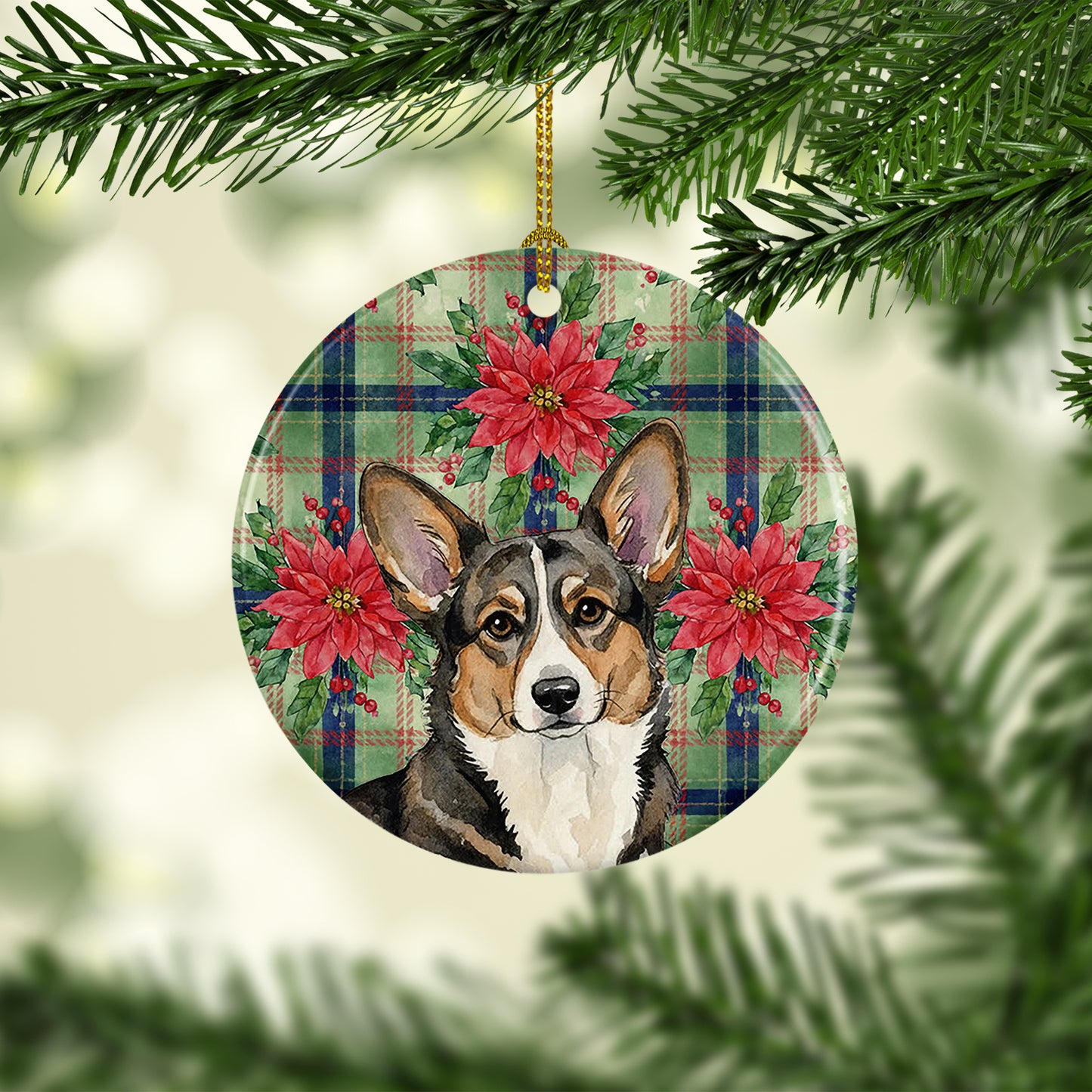 Brindle Cardigan Welsh Corgi Christmas PoinsettIas Ceramic Ornament