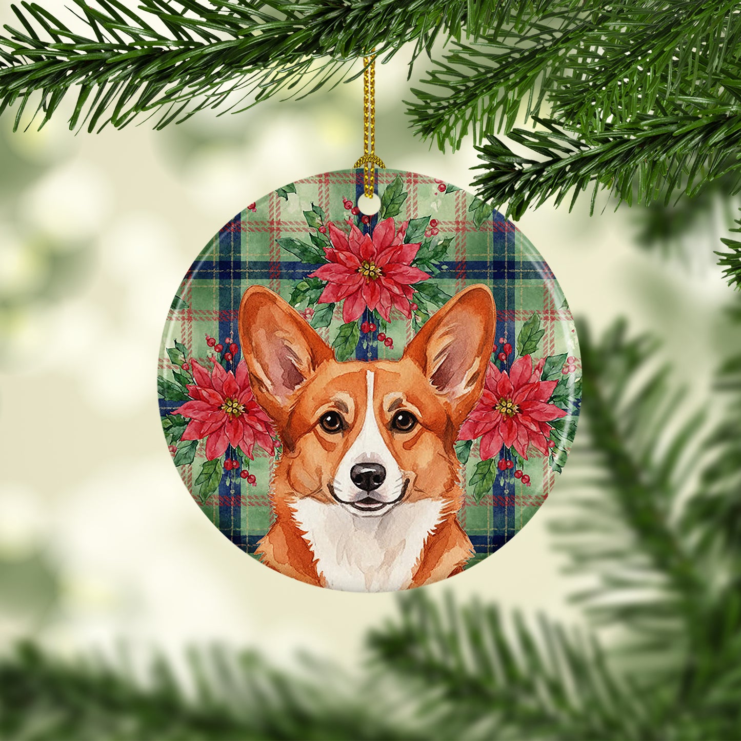 Red Cardigan Welsh Corgi Christmas PoinsettIas Ceramic Ornament