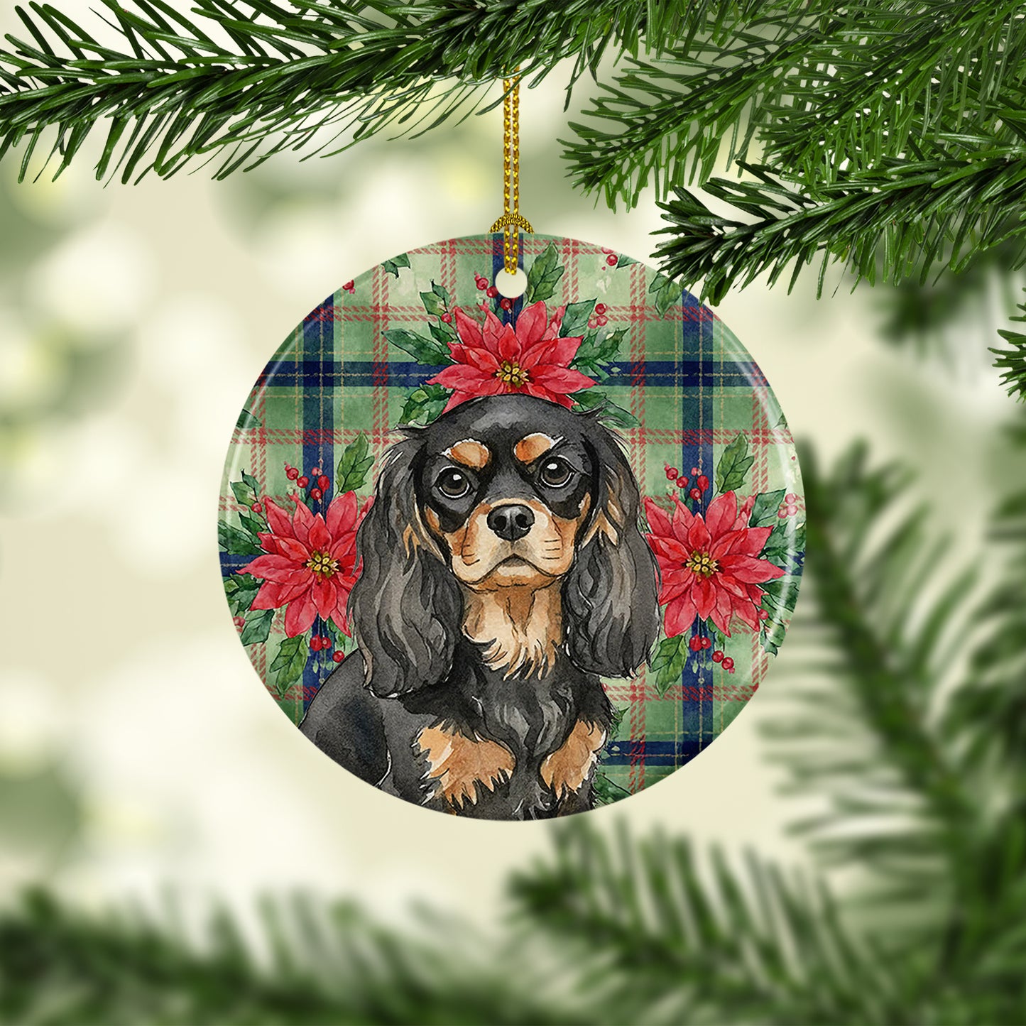 Black and Tan Cavalier Spaniel Christmas PoinsettIas Ceramic Ornament