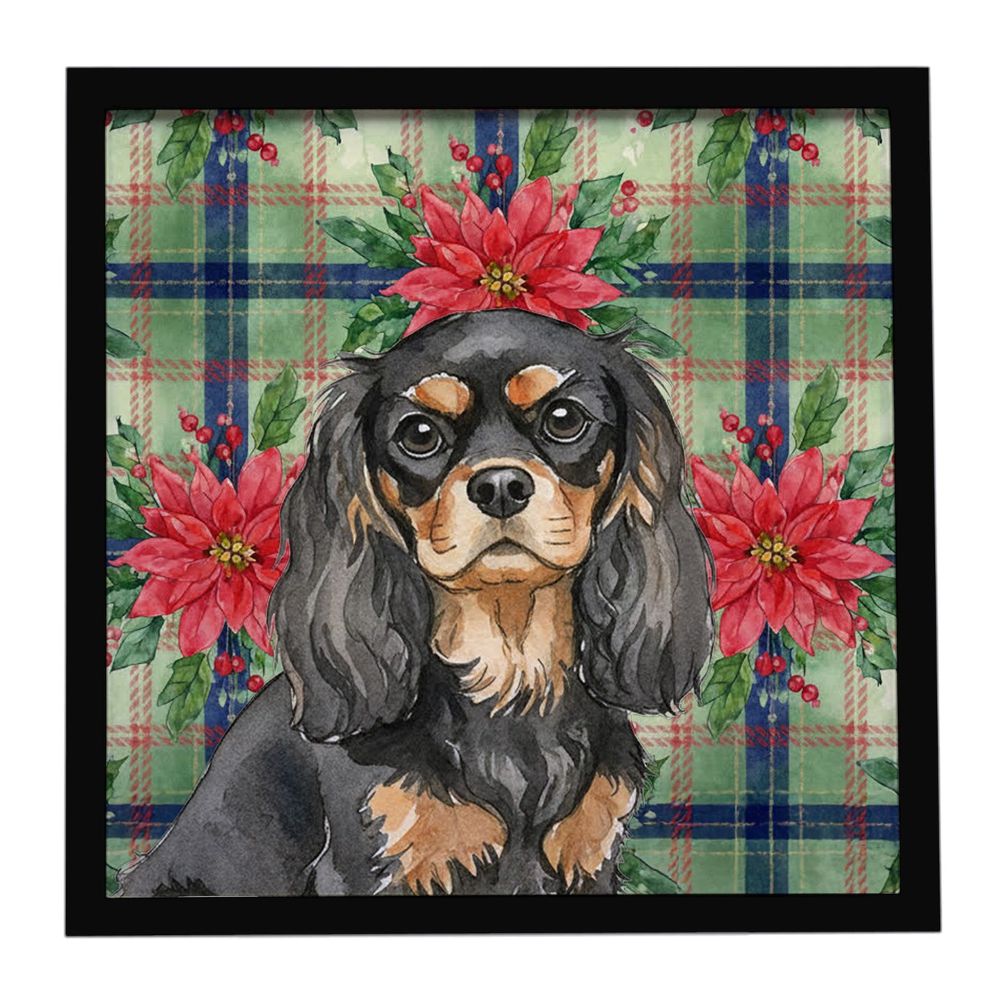 Buy this Black and Tan Cavalier Spaniel Christmas PoinsettIas Framed Metal Print