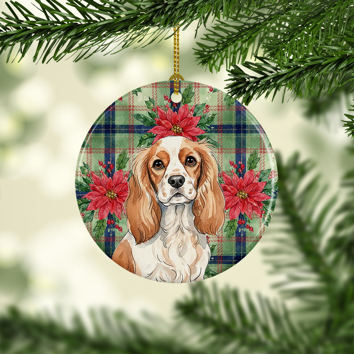 Blenheim Cavalier Spaniel Christmas PoinsettIas Ceramic Ornament