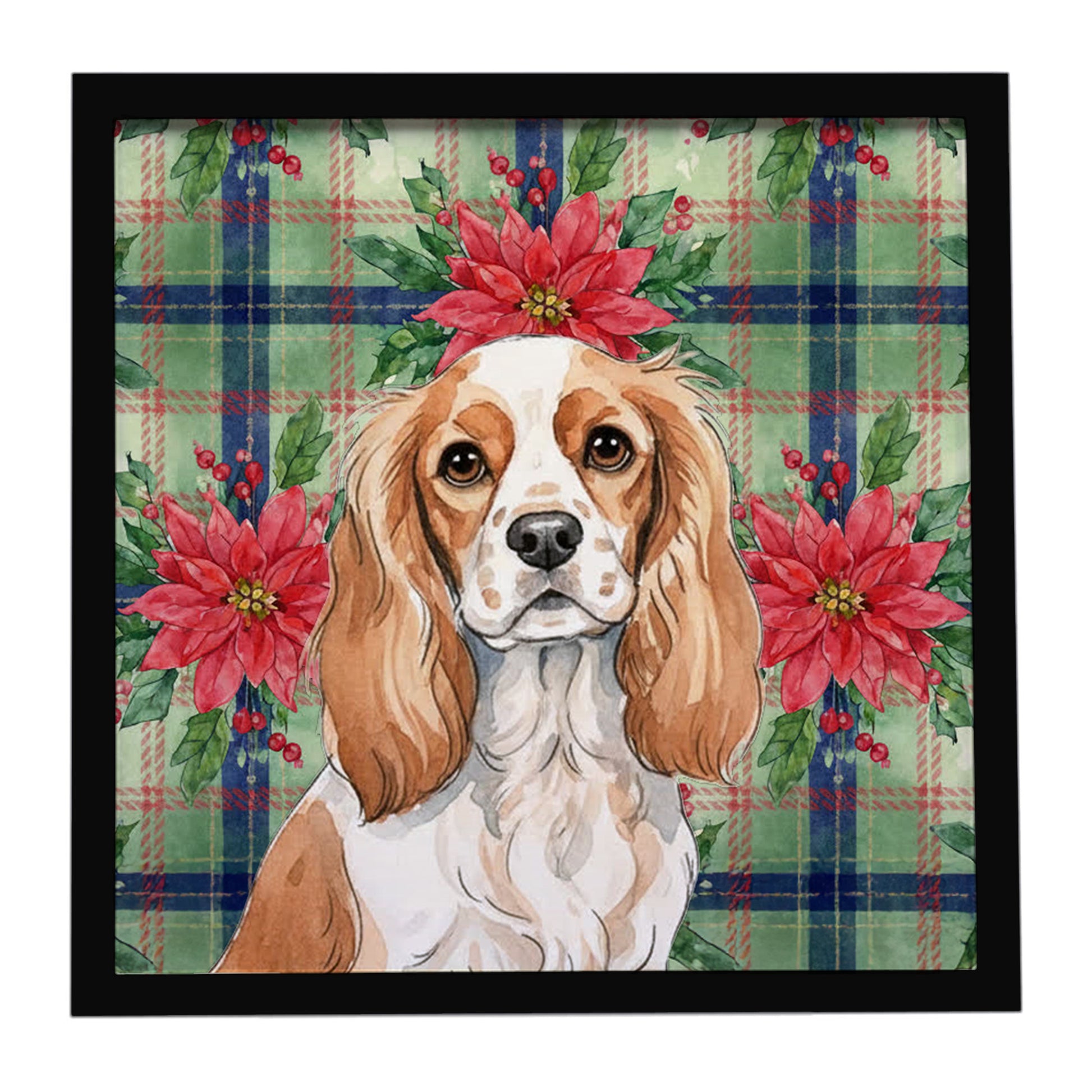 Buy this Blenheim Cavalier Spaniel Christmas PoinsettIas Framed Metal Print