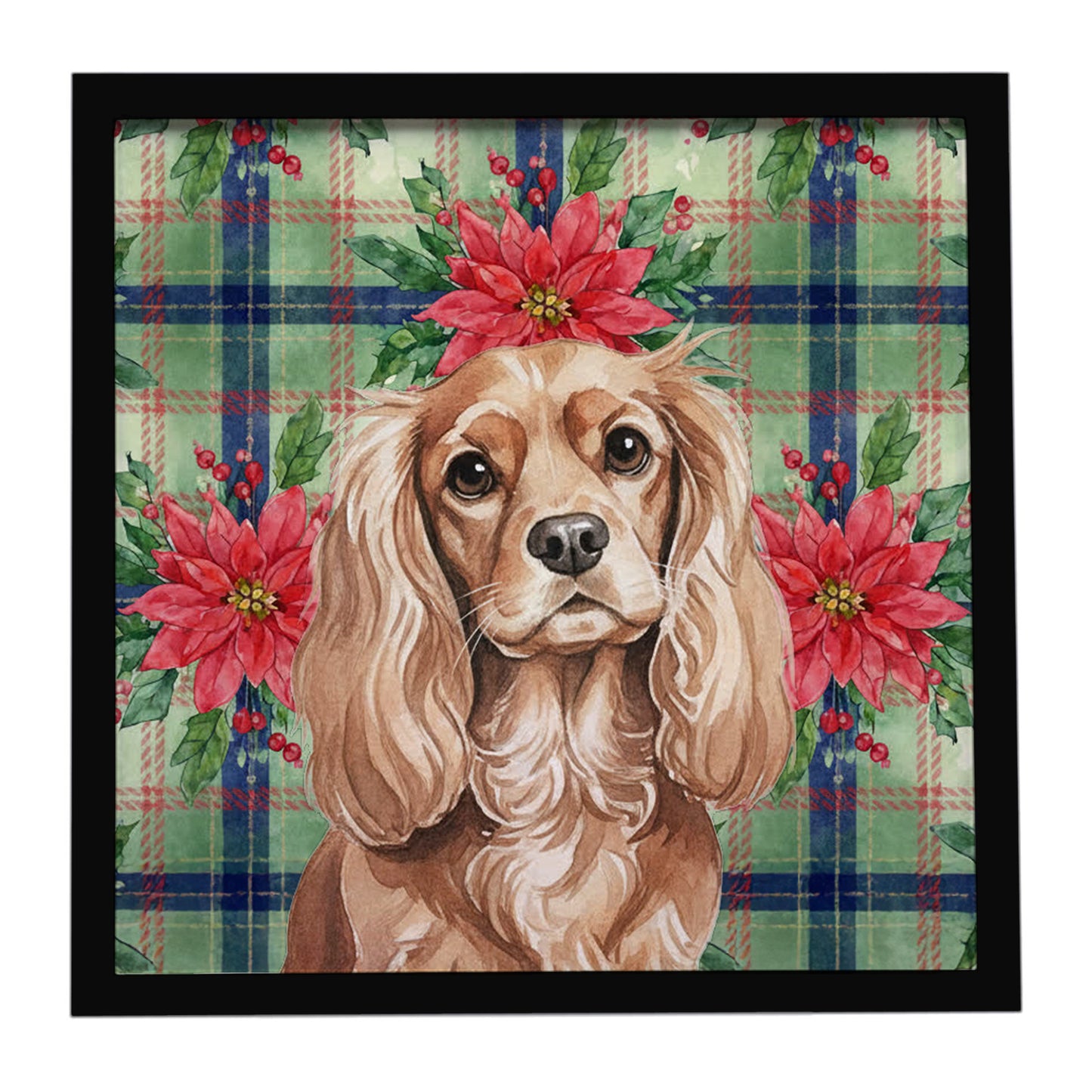 Buy this Ruby Cavalier Spaniel Christmas PoinsettIas Framed Metal Print