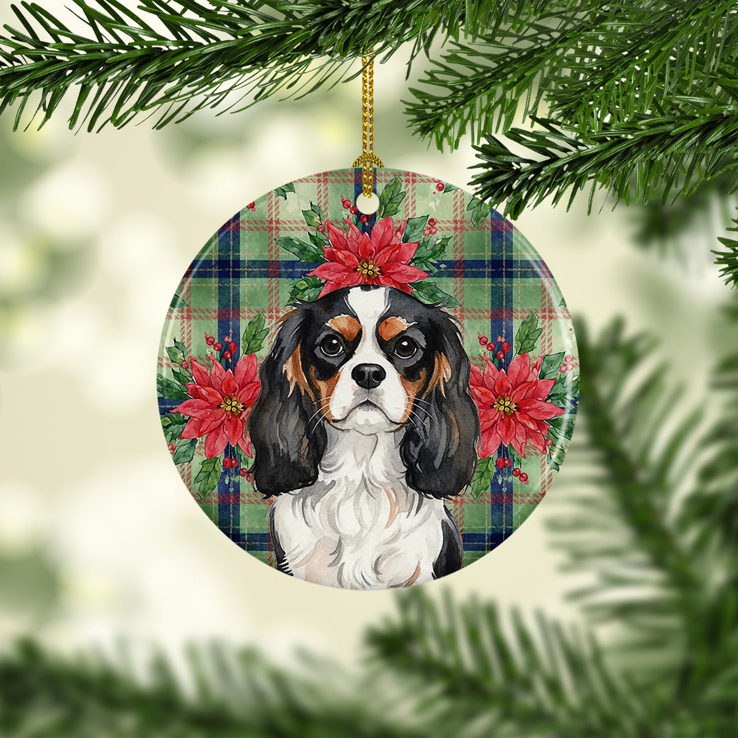 Tricolor Cavalier Spaniel Christmas PoinsettIas Ceramic Ornament