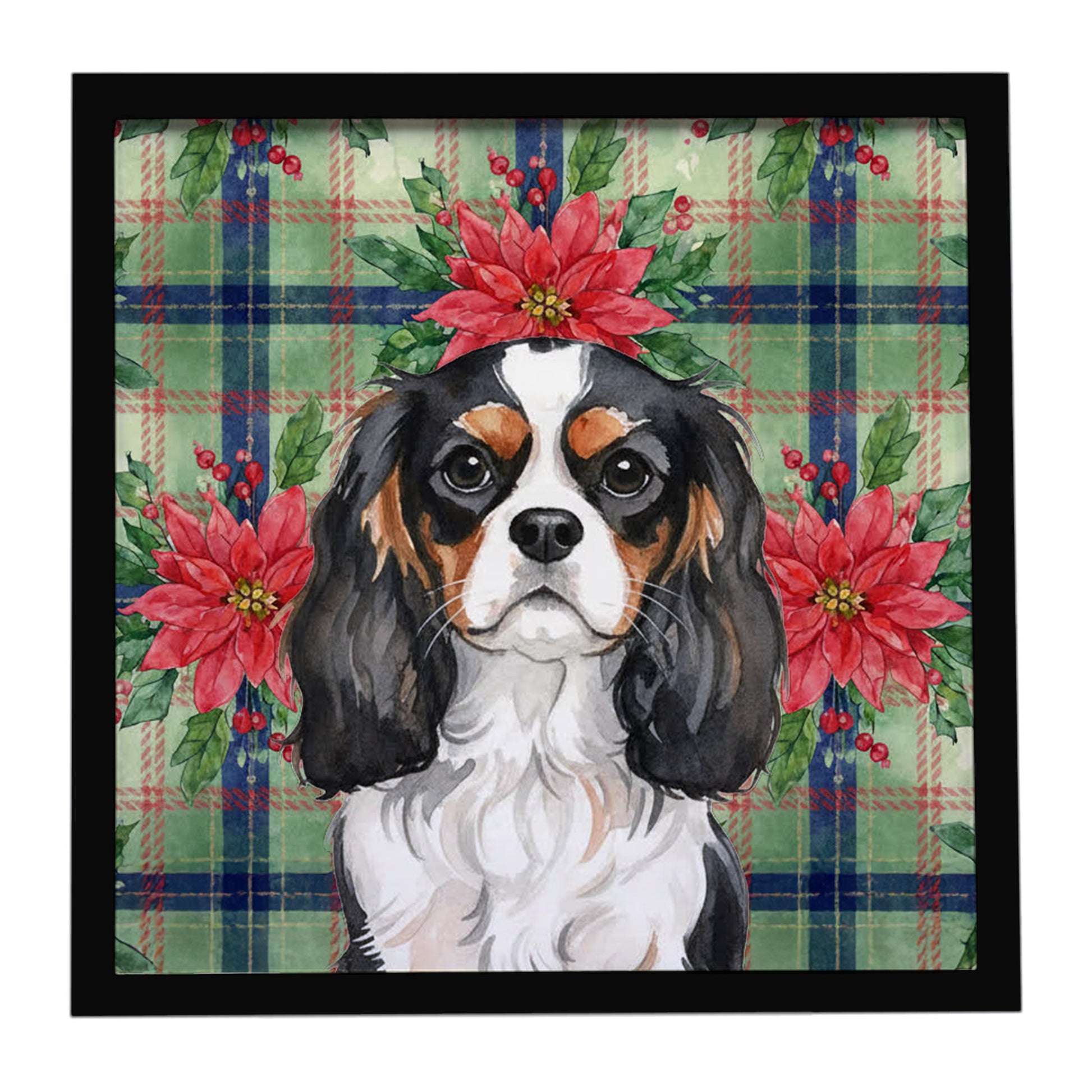 Buy this Tricolor Cavalier Spaniel Christmas PoinsettIas Framed Metal Print