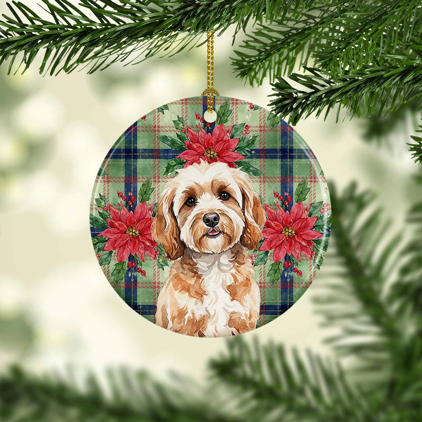 Cavapoo Christmas PoinsettIas Ceramic Ornament