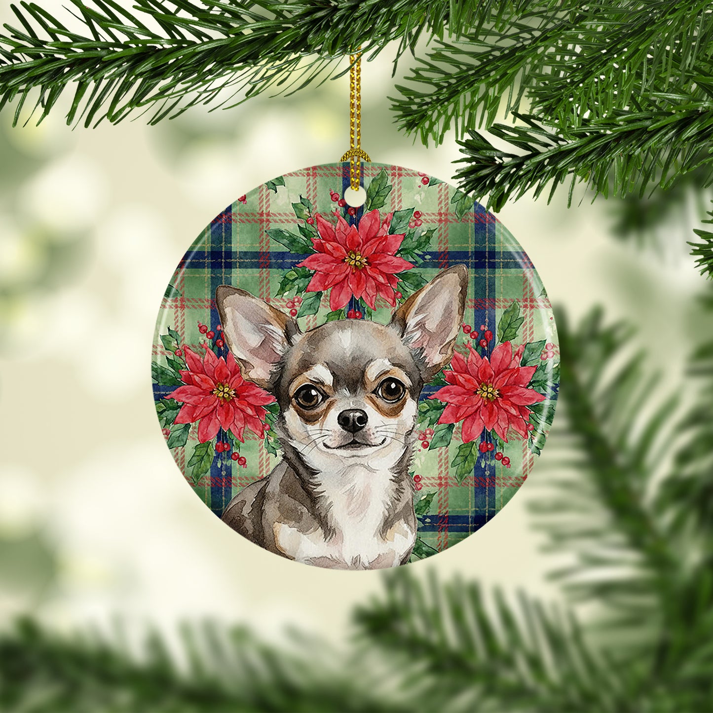 Chihuahua Christmas PoinsettIas Ceramic Ornament