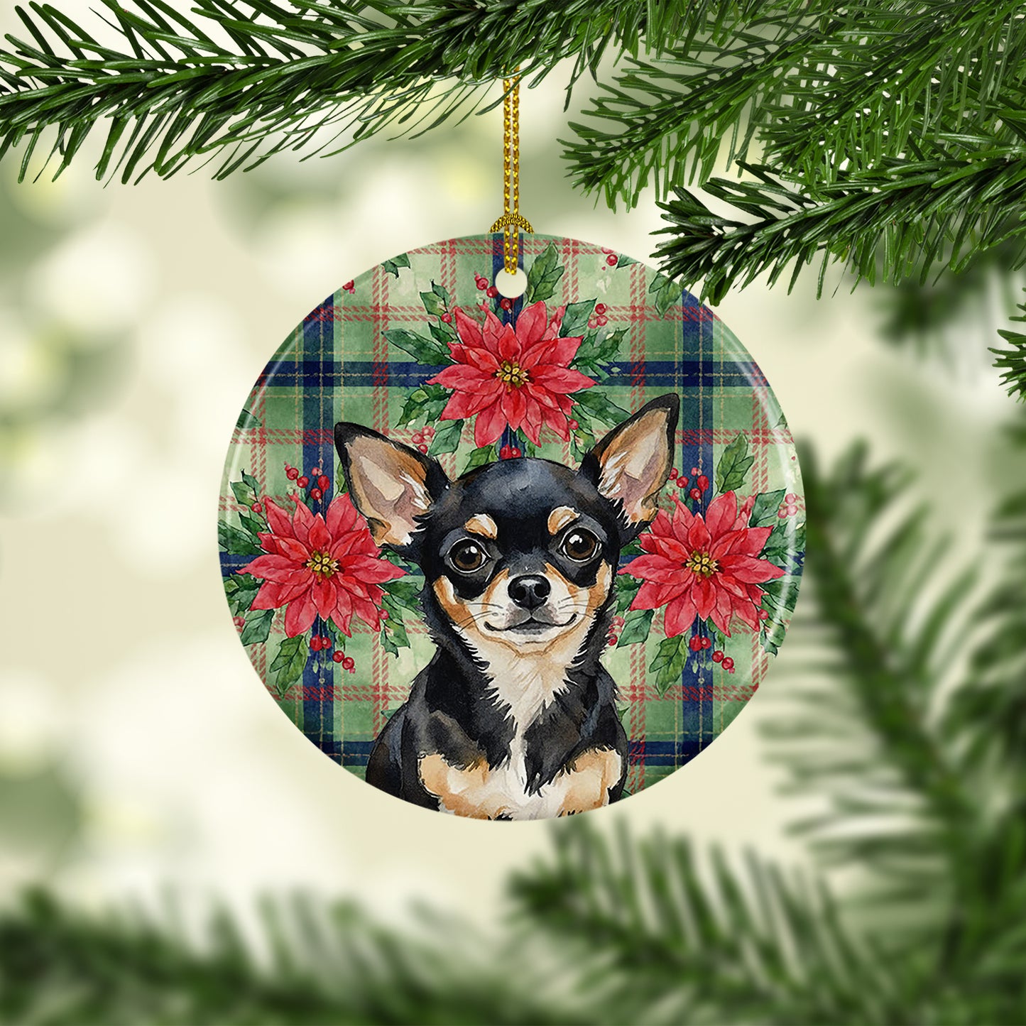 Black and Tan Chihuahua Christmas PoinsettIas Ceramic Ornament
