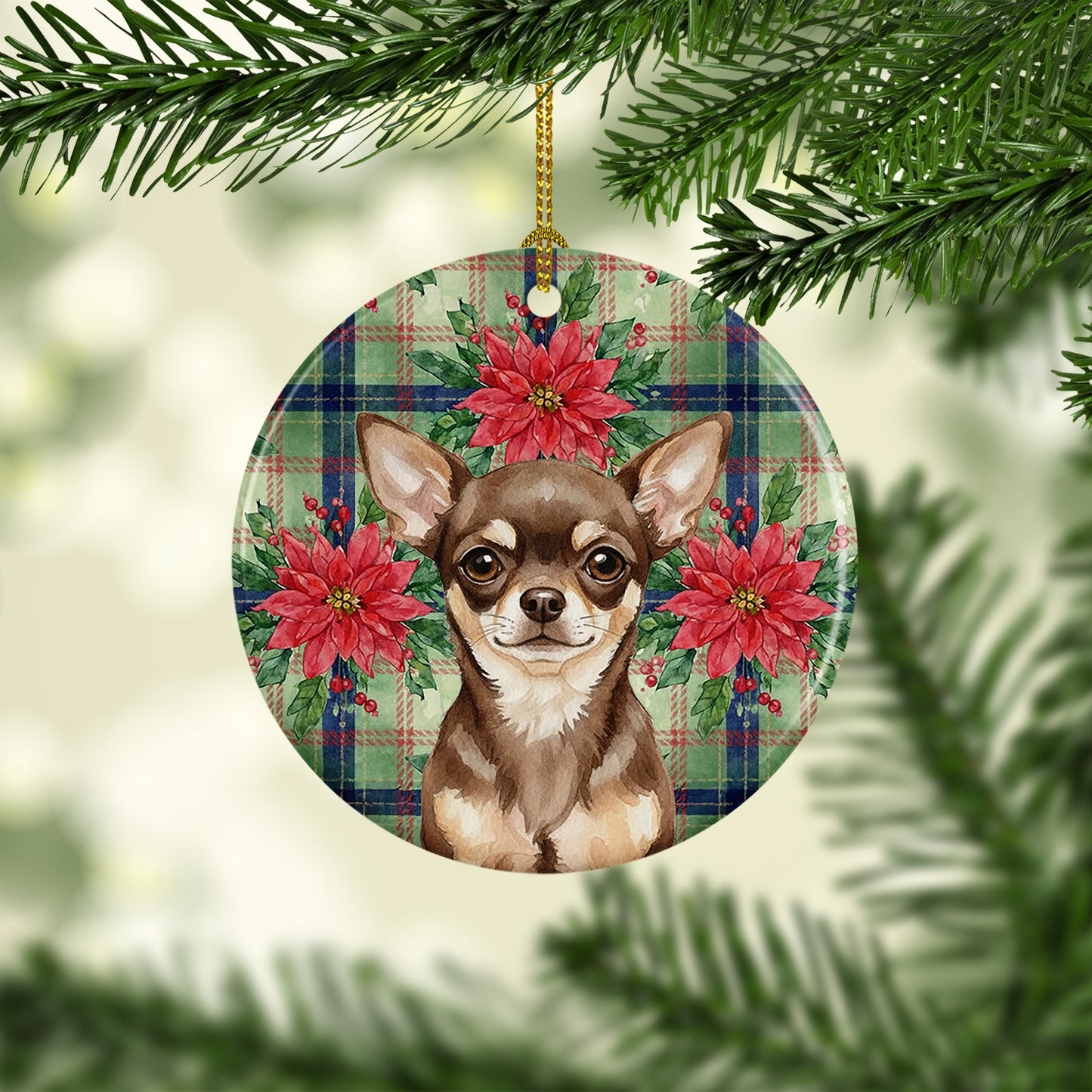 Chocolate Chihuahua Christmas PoinsettIas Ceramic Ornament