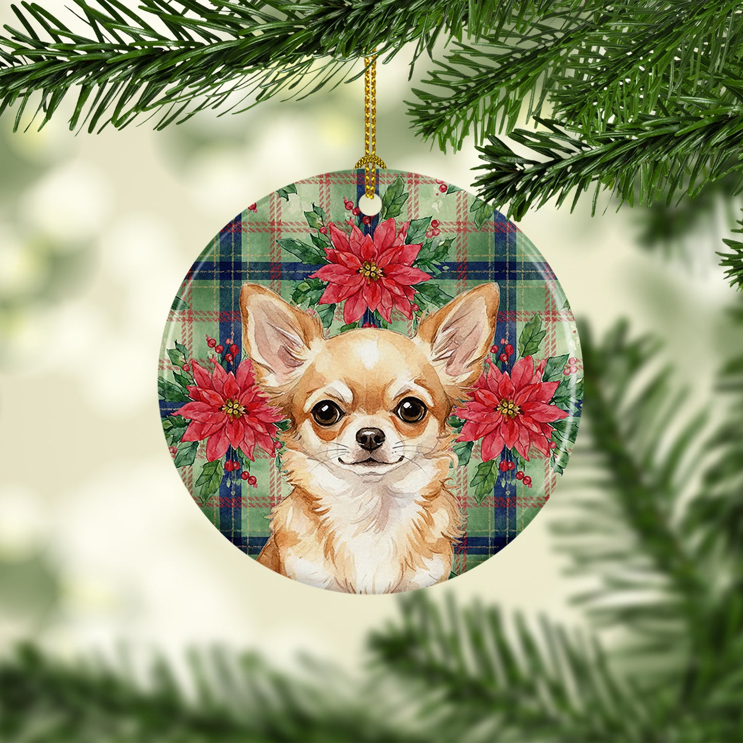 Fawn Chihuahua Christmas PoinsettIas Ceramic Ornament