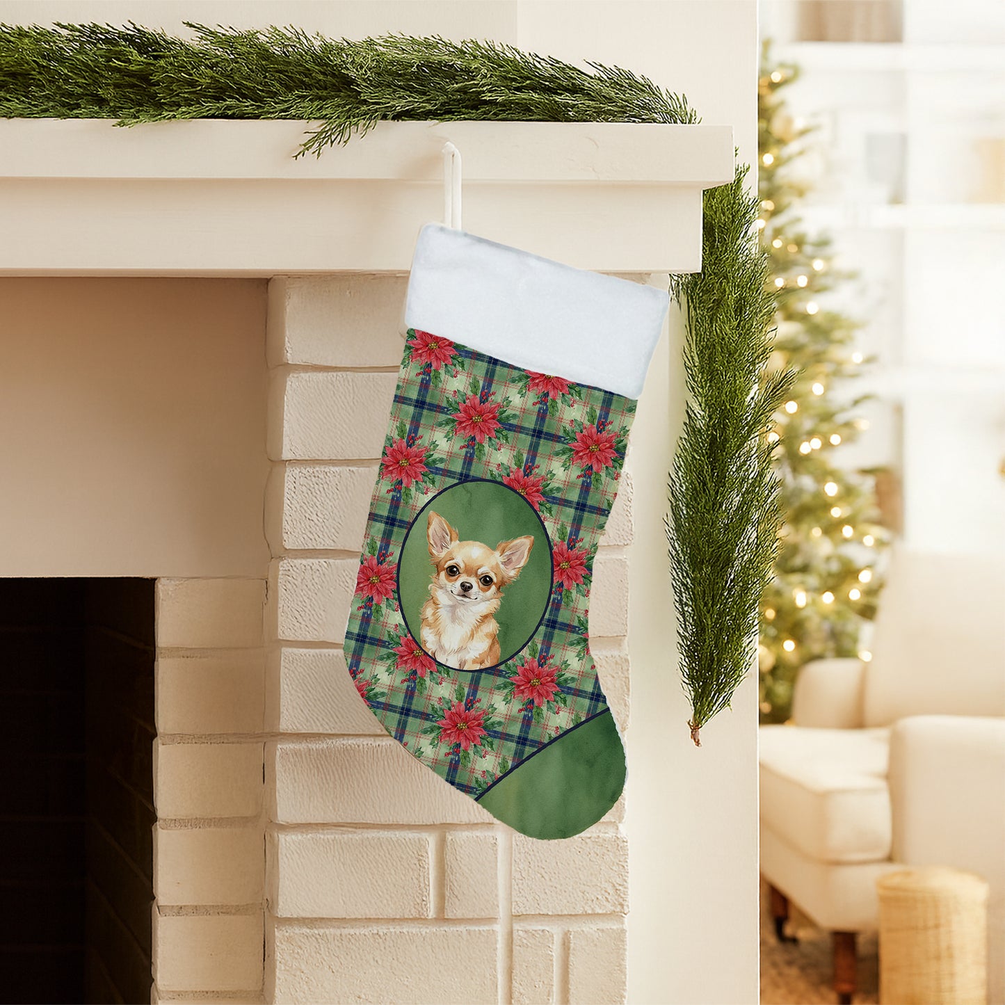 Fawn Chihuahua Christmas PoinsettIas Holiday Stocking