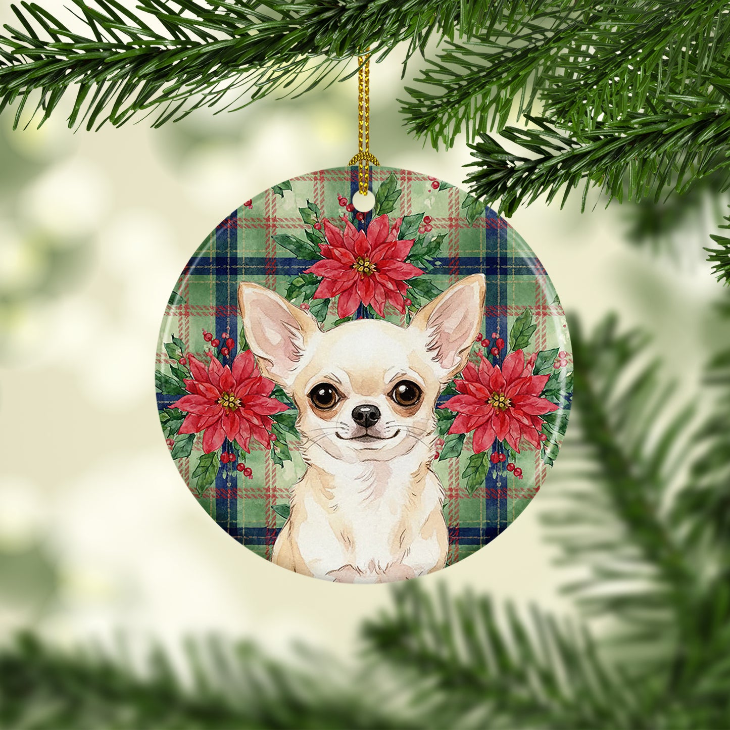Cream Chihuahua Christmas PoinsettIas Ceramic Ornament
