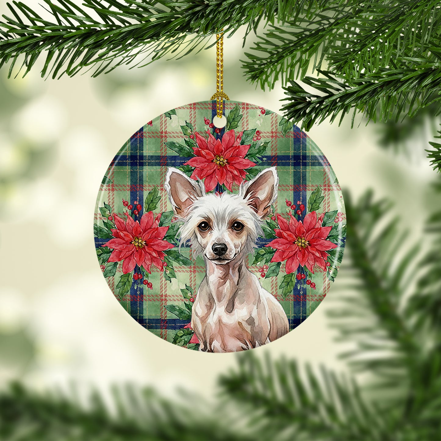 Hairless Chinese Crested Christmas PoinsettIas Ceramic Ornament