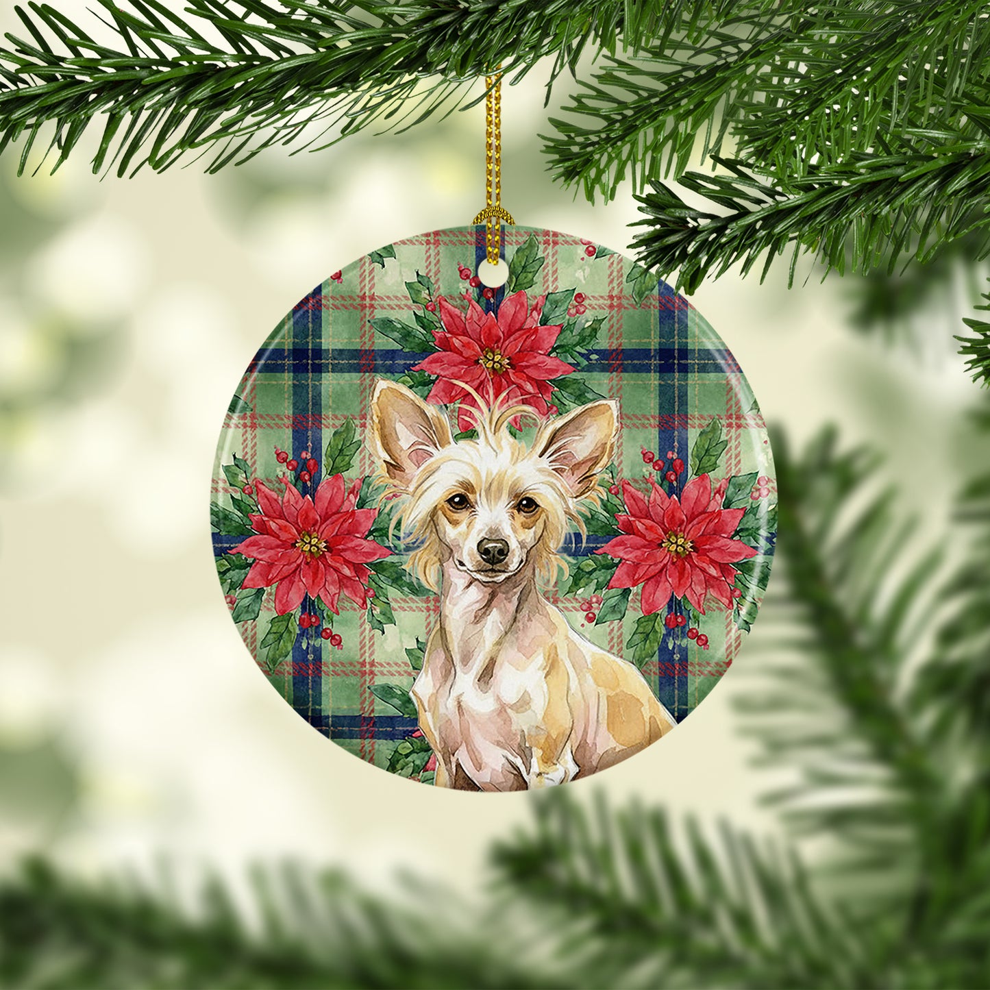 Hairless Palomino Chinese Crested Christmas PoinsettIas Ceramic Ornament