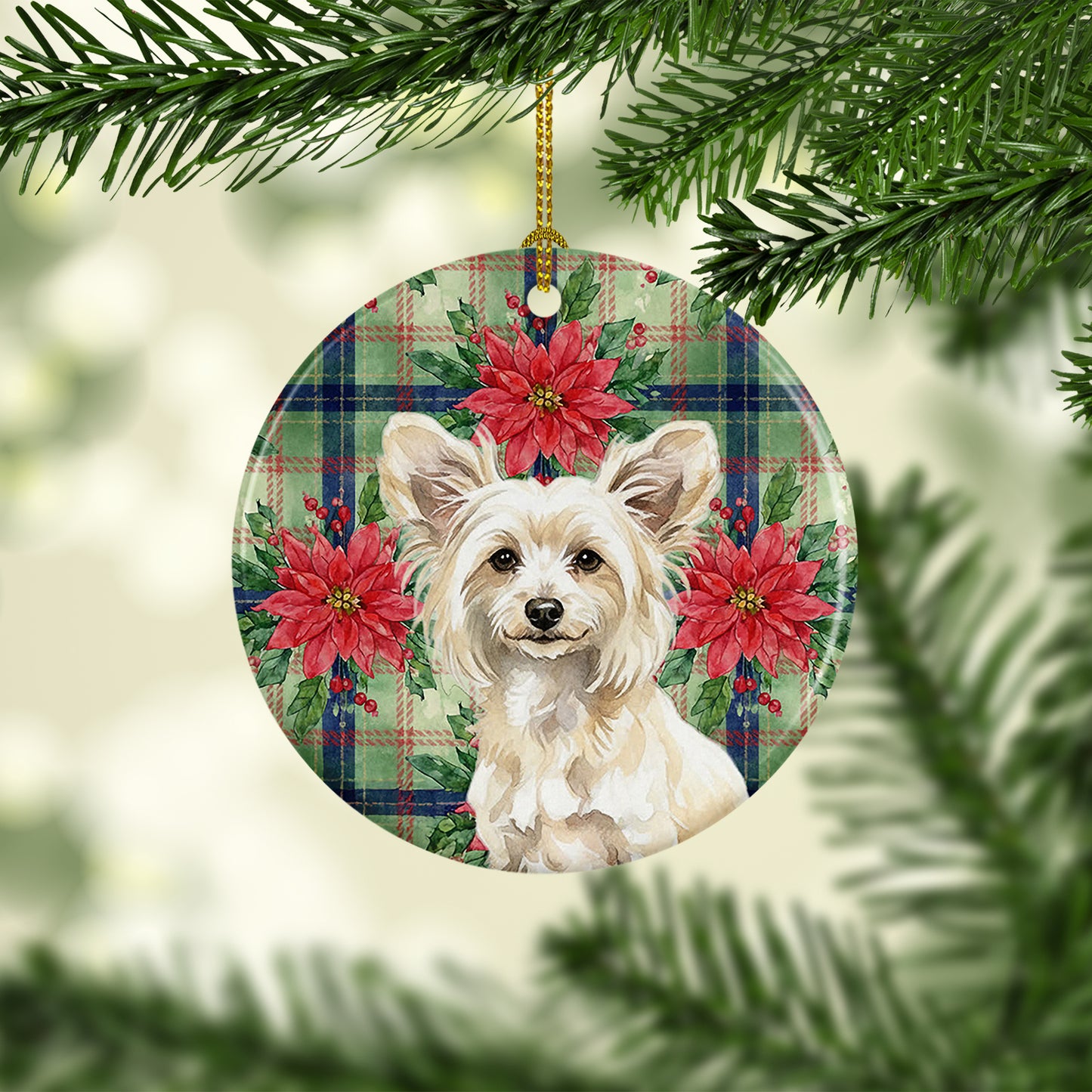 Powderpuff Chinese Crested Christmas PoinsettIas Ceramic Ornament